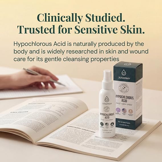 JussprayTM Hypochlorous Acid Spray for Face and Skin | HOCI Facial Cleanser Mist | 32oz Refill Hypochlorous Acid for Face, Skin, Acne, Eczema, Body Acne Sprays, Piercing Aftercare, Wound Solution