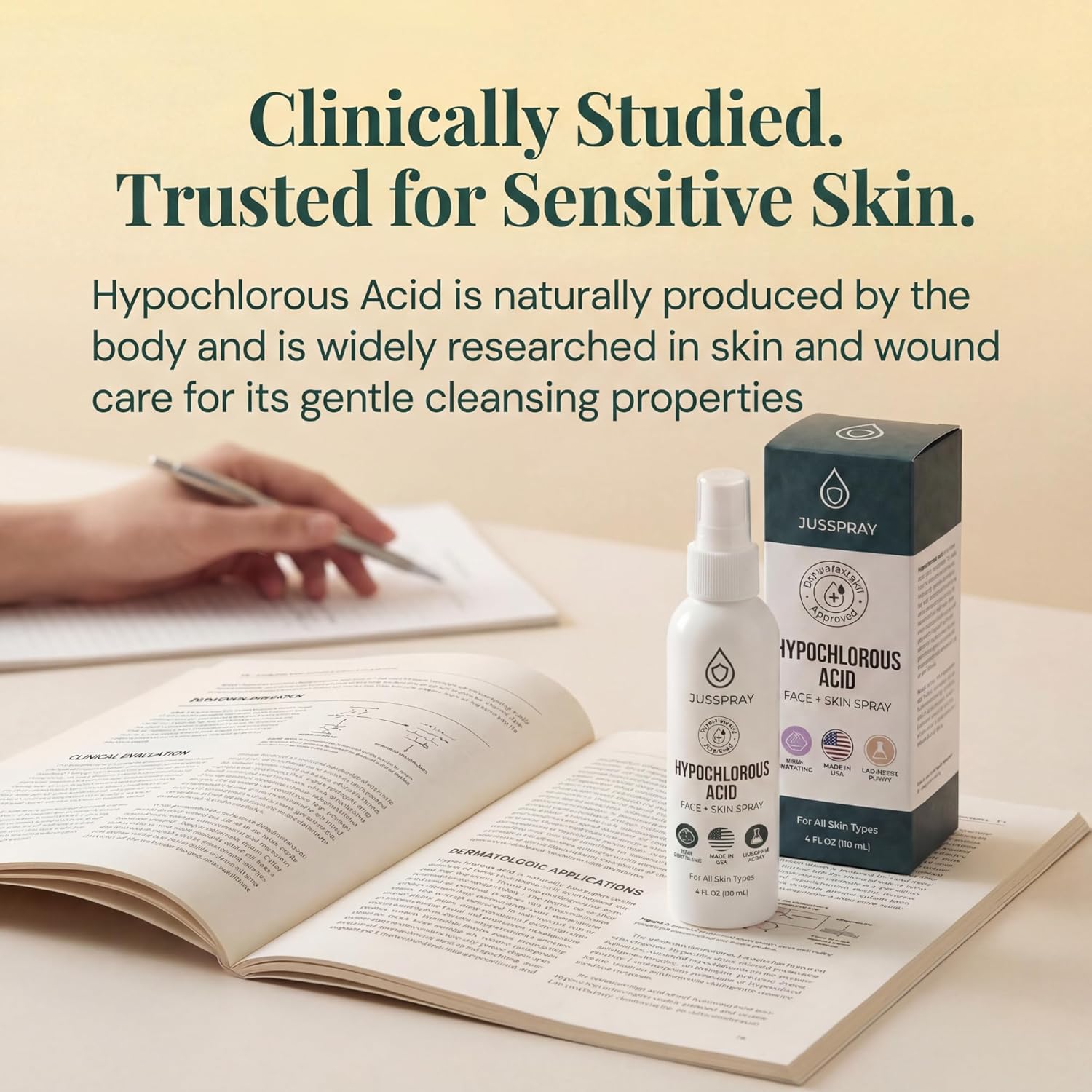 Jusspray™ Hypochlorous Acid Spray for Face and Skin | HOCI Facial Cleanser Mist | 4 oz Hypochlorous Acid for Face, Skin, Acne, Eczema, Body Acne Sprays, Piercing Aftercare, Wound Solution