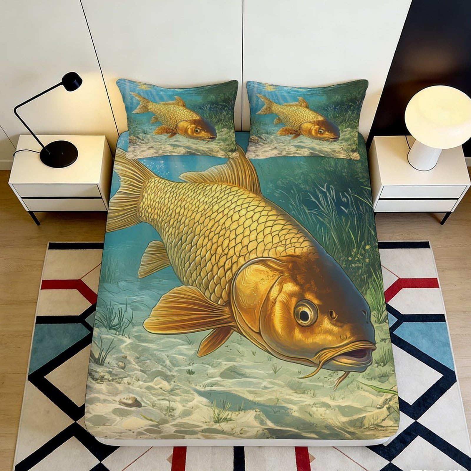 3D Printed Fish Fitted Sheet Microfiber Non-Slip Deep Pocket Bedroom Bedding Fish Mattress Fitted Cover Washable for Adults Teens 160x200x25cm