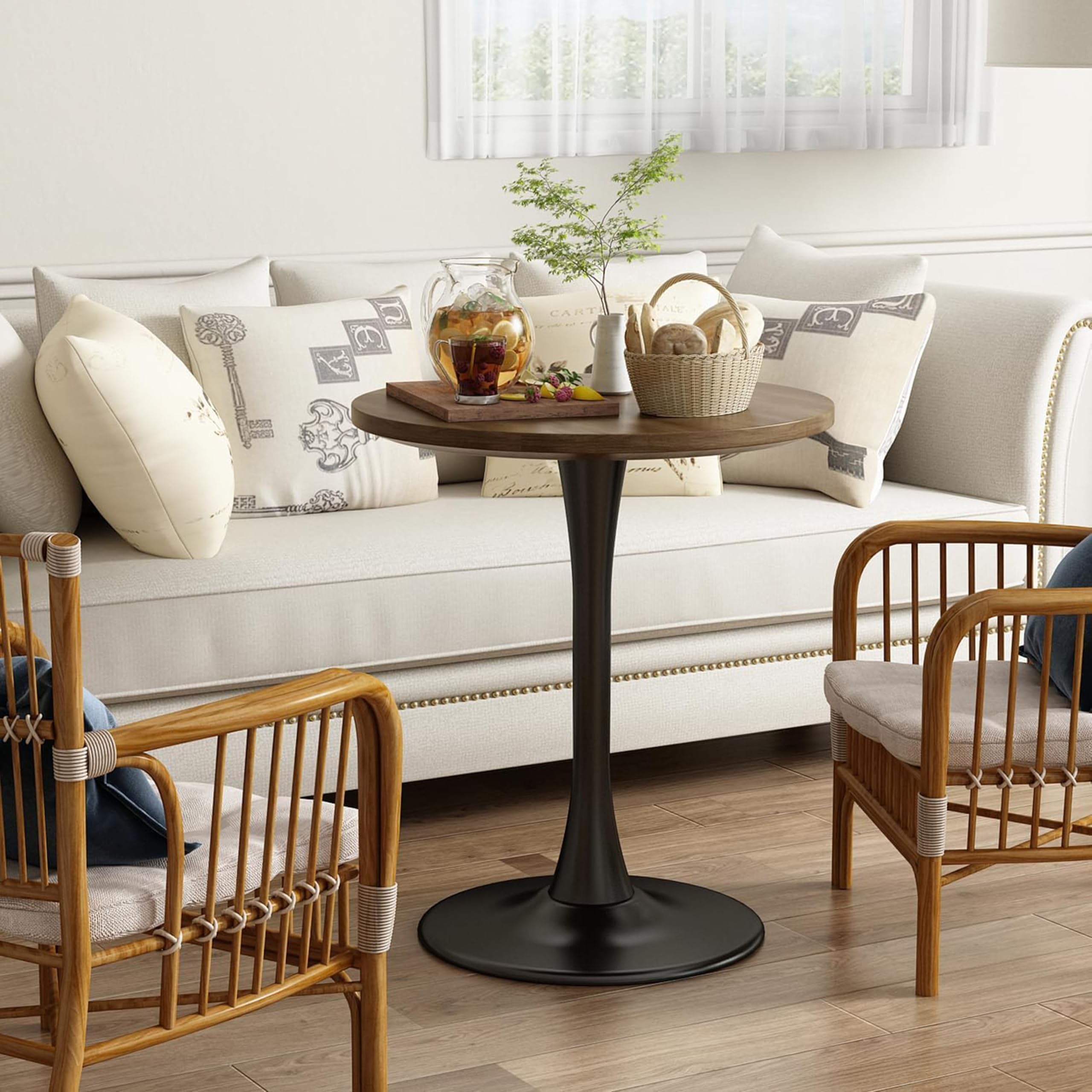 TANSHIP This mid-Century Style Dining Table is Perfect for a Home Dining Room or café. It has a Round top and Seats up to Four People-Brown Wood Texture