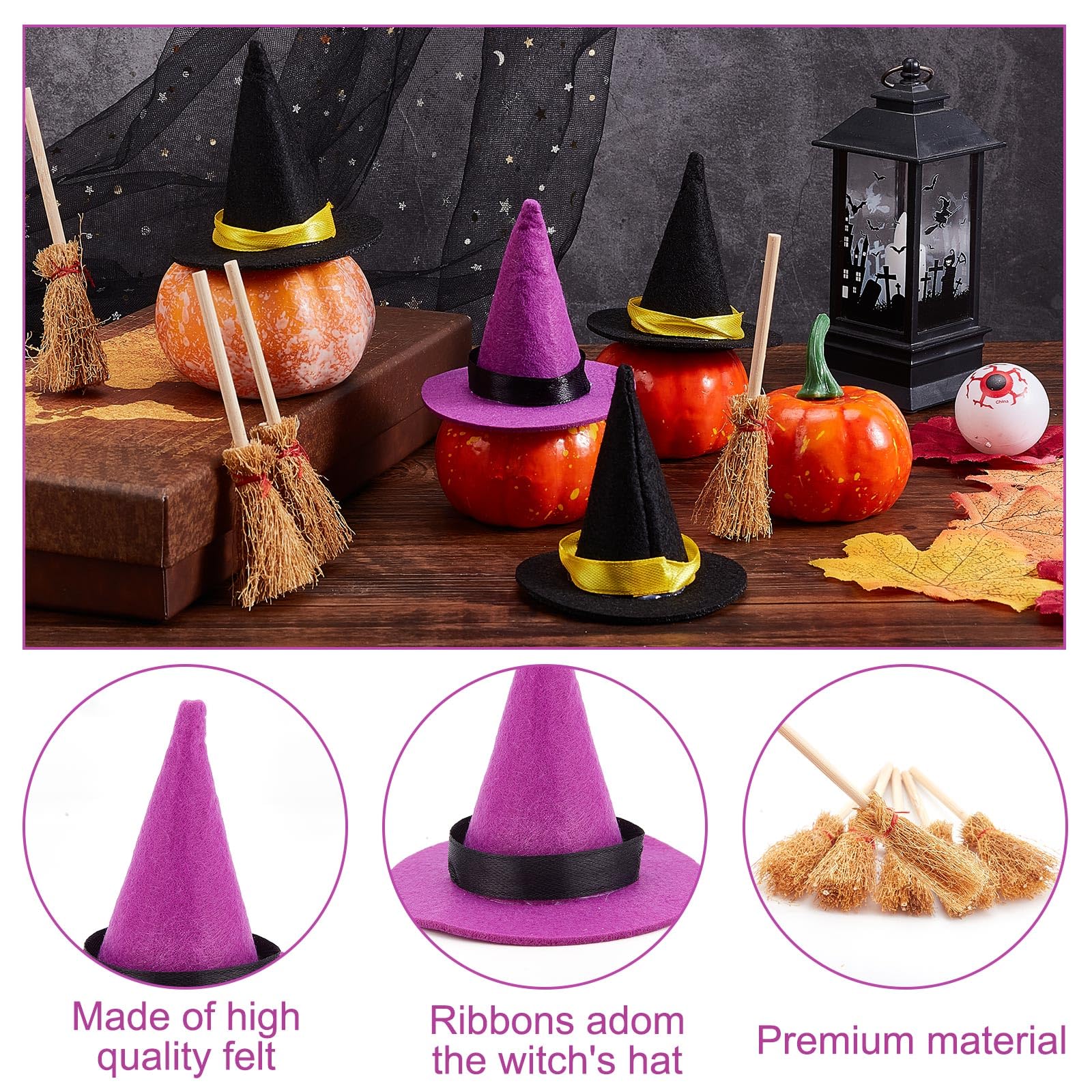Yuntau 36 Piece Mini Halloween Decorations Set - 12 Witch Hats, 12 Brooms, 12 Tiny Books For DIY Crafts & Party - View #5