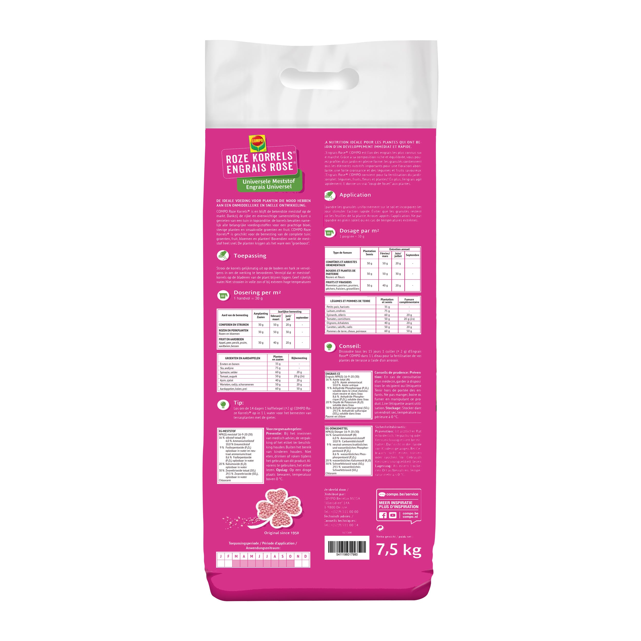COMPO Rosa Granulat Universaldünger Schnellwirkend löslich für Blumen, Pflanzen, Gemüse und Früchte, 7,5 kg