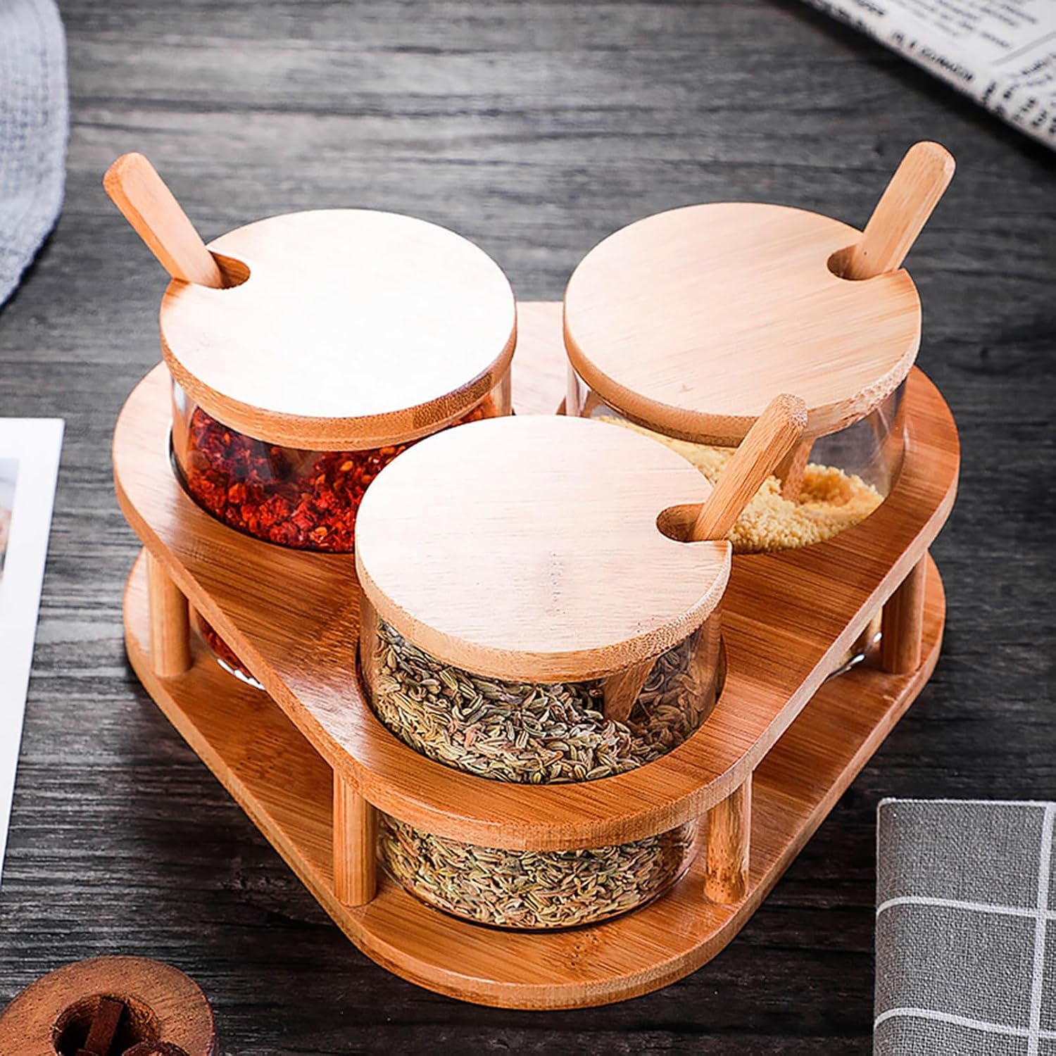 Gewürzgläser aus Glas, Gewürzdosen Gewürzbehälter Zuckerdosen mit Löffel, Bambusdeckel und TablettSet, Aufbewahrung Salz, Tee, Kaffee und Zucker für Küche und Esstisch, 3x280ML
