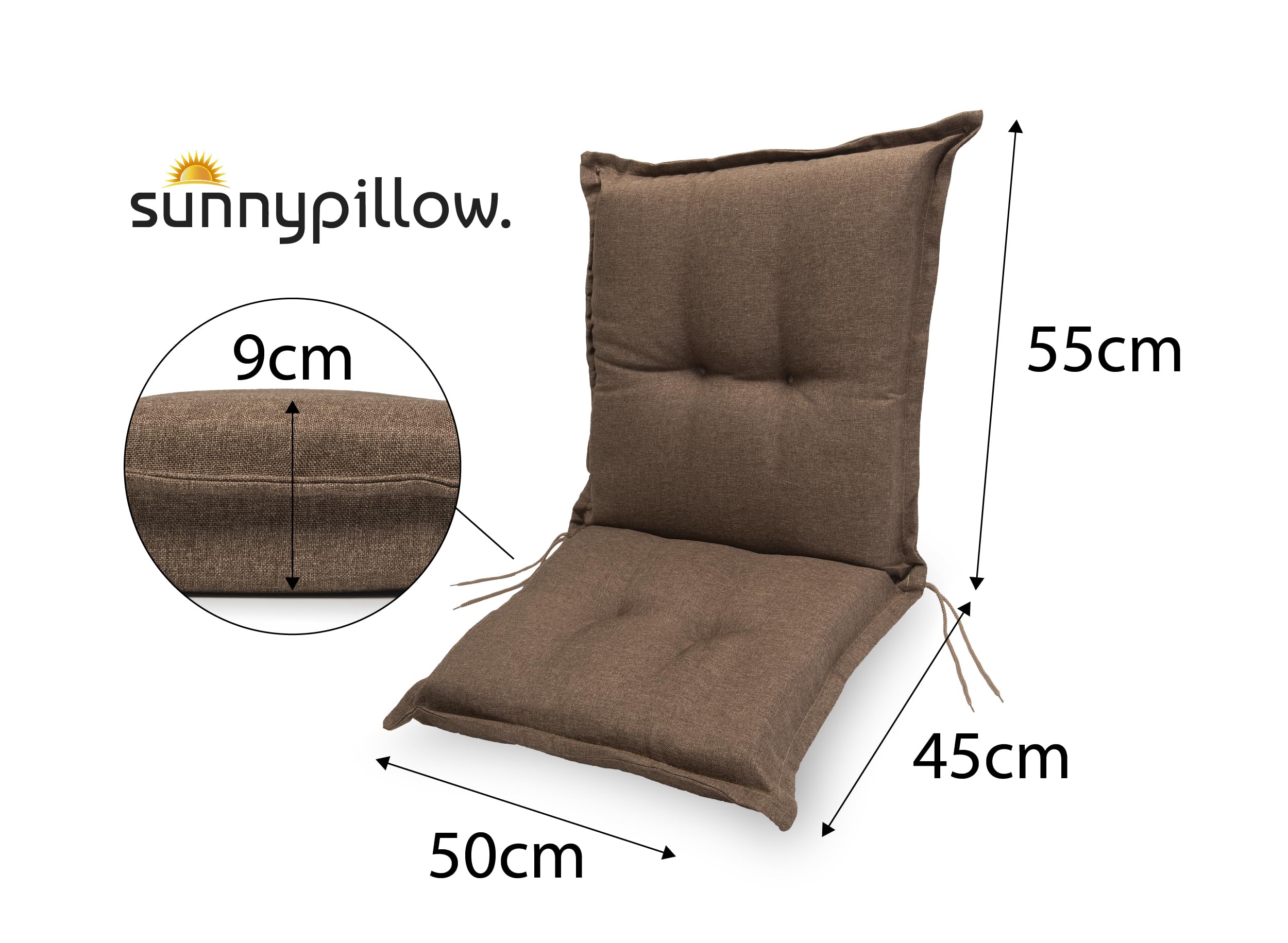 sunnypillow 6 poduszek na krzesła ogrodowe z niskim oparciem, 100 x 50 x 9 cm, 6 kolorów do wyboru, nakładki na krzesła do użytku wewnątrz i na zewnątrz, brązowe