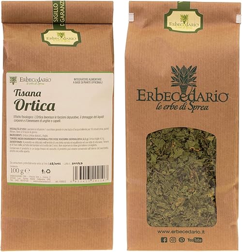 Erbecedario - Ortica Tisana Depurativa, Infuso Diuretico effetto Detox, Infuso Depurativo fegato Elimina Tossine e Scorie in eccesso, Tisana drenante, per ossa, unghie e capelli 1 Sacchetto 100g