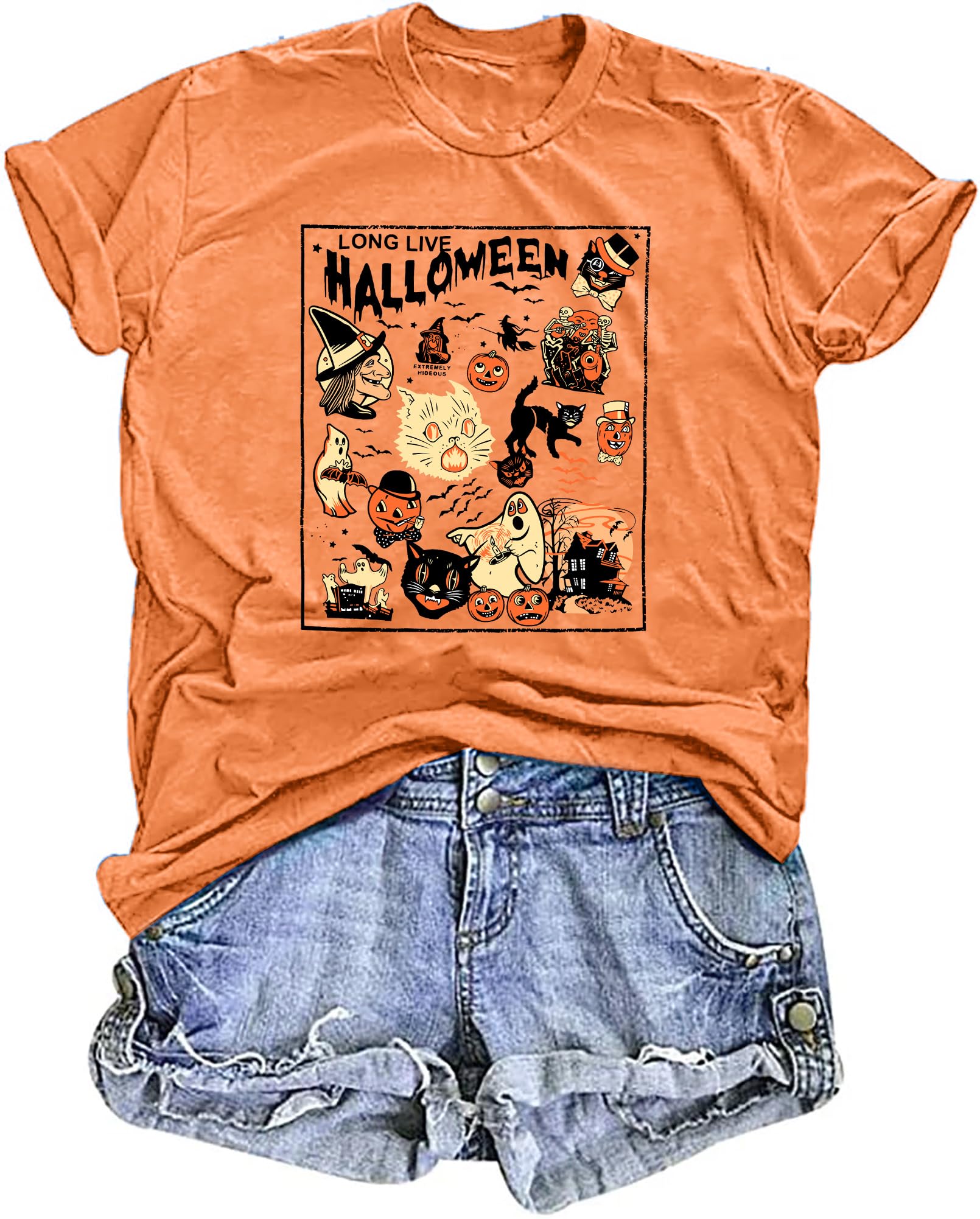Halloween T Shirt Women Doodles Shirt Cute Halloween Pumpkin Witch Ghost Graphic Tee Spooky Tops
