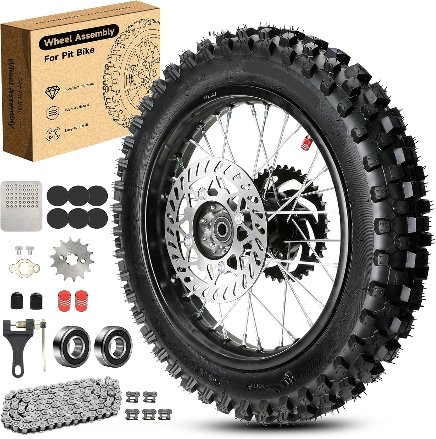 14'' Wheel 90/100-14 3.00-14 Dirt Bike Rear Tire Rim Assembly for SSR Apollo 150cc 125cc KLX125 TTR125 RM80 TaoTao DB17 Off Road Pit Bike with 12mm Bearing Brake Rotor 428 Chain 41T Sprocket