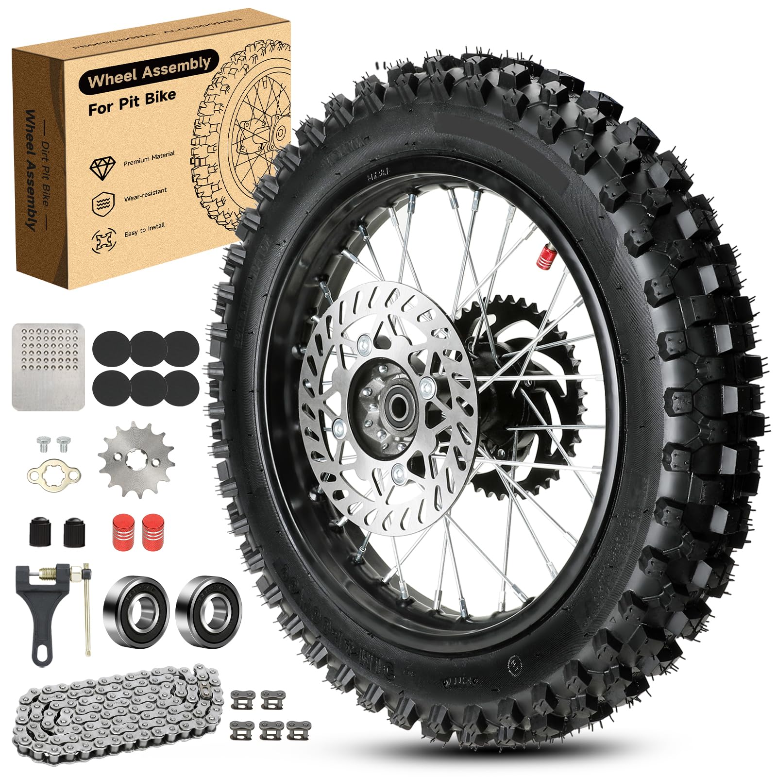 14'' Wheel 90/100-14 3.00-14 Dirt Bike Rear Tire Rim Assembly for RM80 RM85 KLX125 KX85 TT125 YZ80 TaoTao DB17 DB27 Off Road Pit Bike and 12mm Bearings Brake Rotor 428 Chain 41T Sprocket