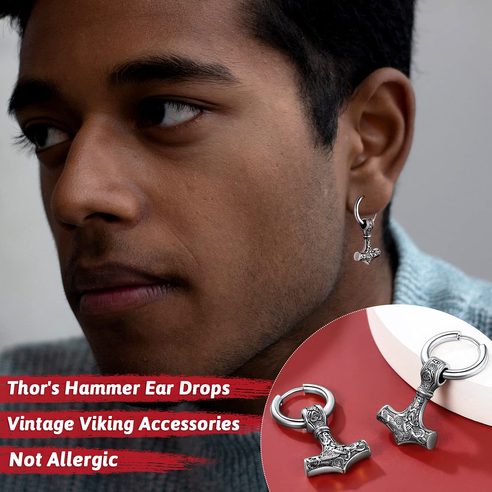 FaithHeart Boucle d'oreille Homme Femme,Creole Pendante Viking Marteau Mjöllnir Bijoux Boucles d’oreilles Gothique Hip Hop Punk Biker Femme Hommes Garçon (Boîte Cadeau)