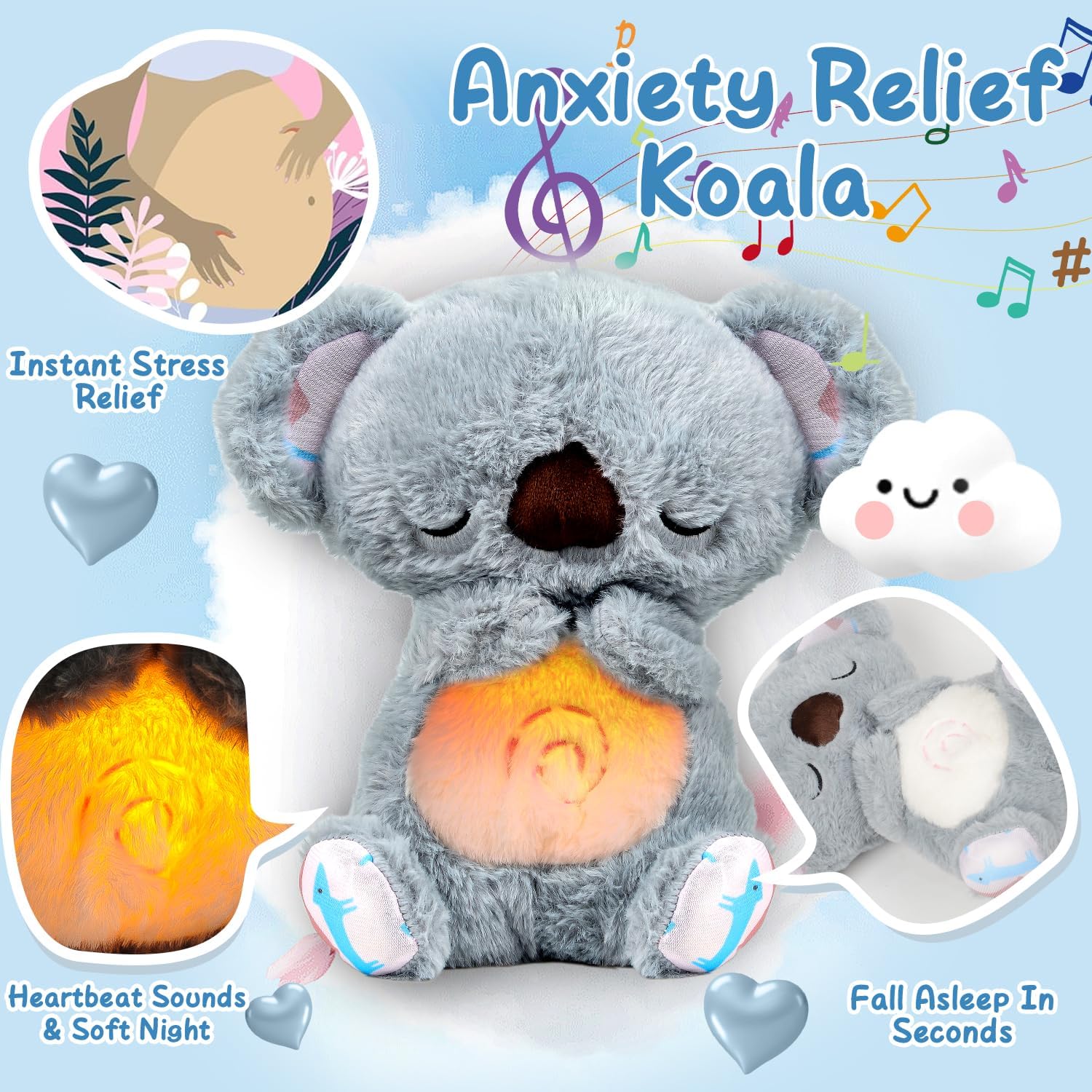 Koala Relaxant Évora – Peluche Calmante à Respiration Rythmique, Bruit Blanc, Mélodies – Anti-Stress Pour Bébé Et Adulte, Piles AAA