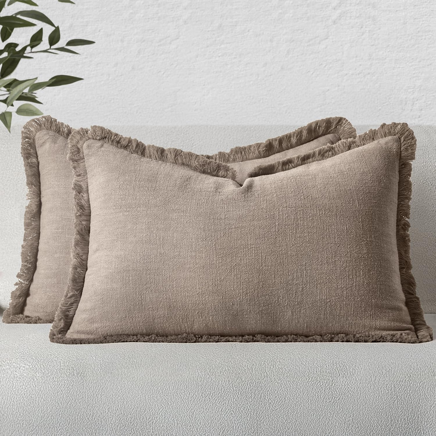 MIULEE Linen Fringe Decorative Fall Lumbar Throw Pillow Covers Dune 12x20