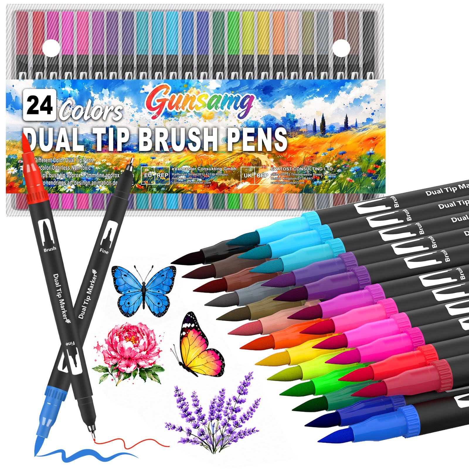 Gunsamg 24 Colours Dual Tip Colouring Pens, Fine & Brush Tip Coloured Pens for Adult Colouring Books, Calligraphy, Drawing, Sketching, Scrapbooking,Painting, DIY Projects, Beginners & Artists — image 1