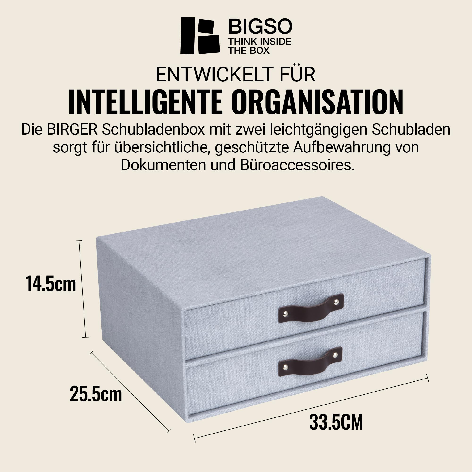 BIGSO BIRGER Cassettiera per documenti e forniture per ufficio, organizer da scrivania con 2 cassetti, sistema di ripiani in fibra e carta effetto lino, grigio chiaro