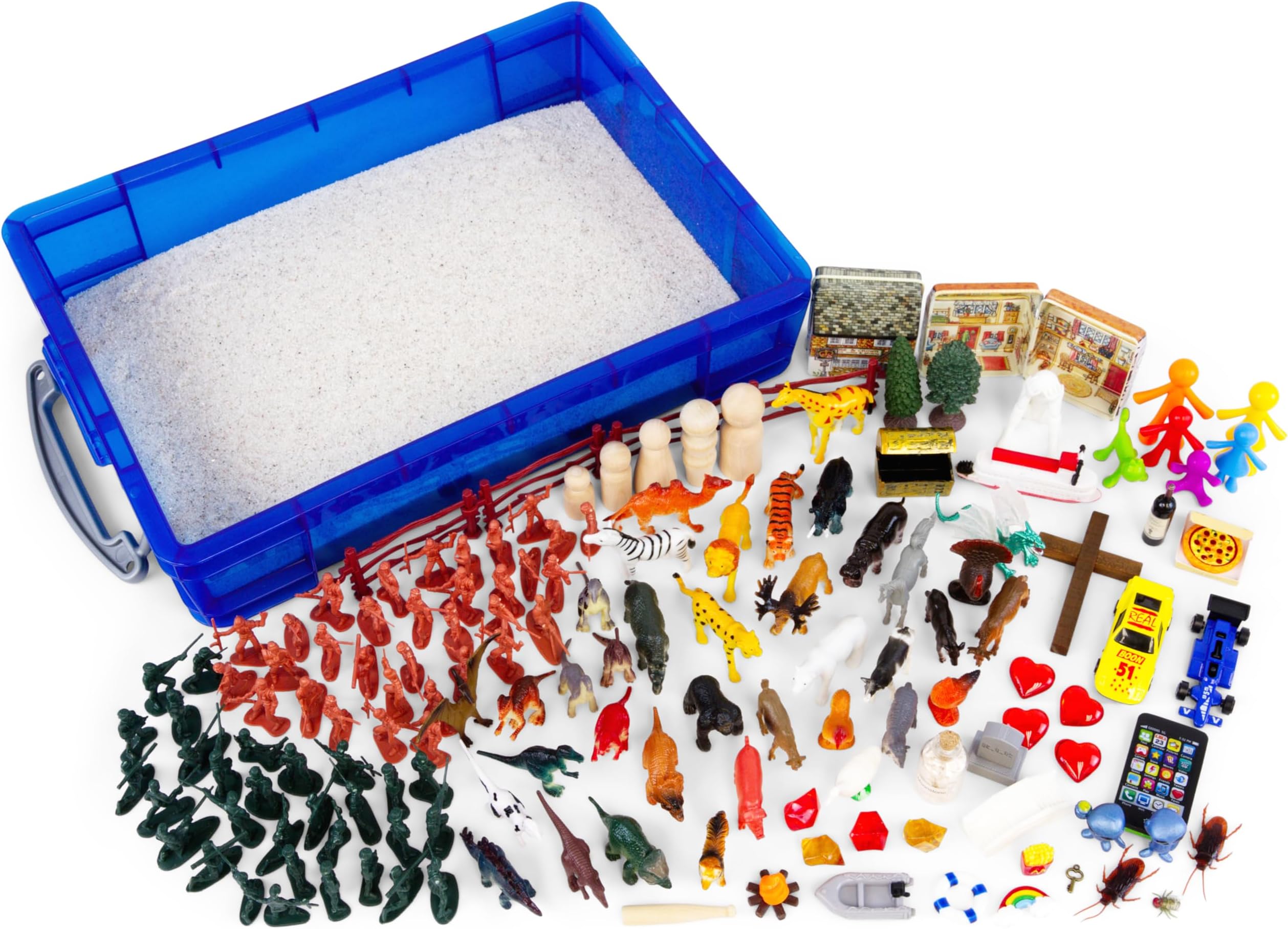 PTS Games Play Therapy Supply Basic Portable Sand Tray Starter Kit with Tray, Sand, and 150+ Miniatures