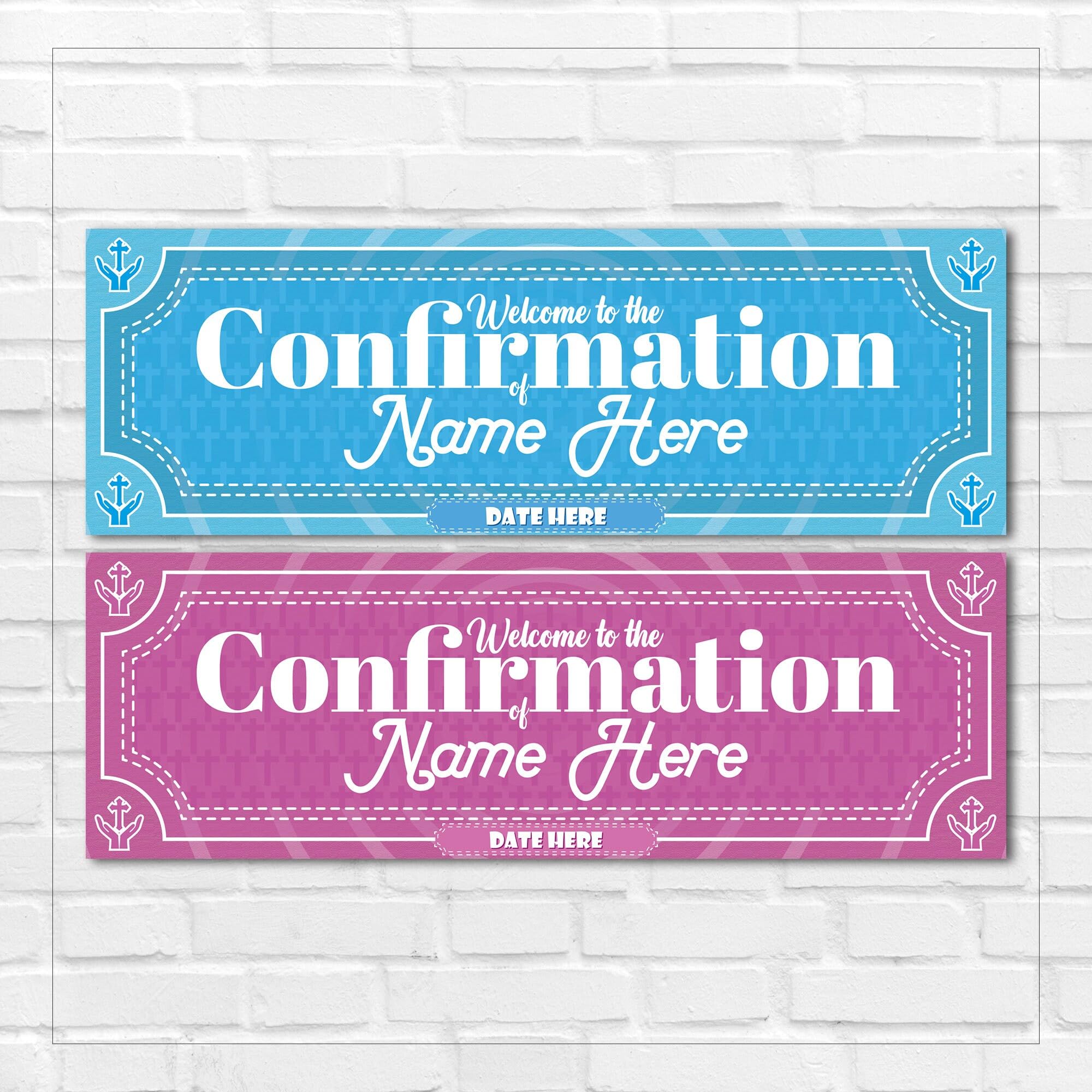 Set of two 2x Personalised Confirmation Banners Welcome Pink/Blue Any Name Date Wall Decor