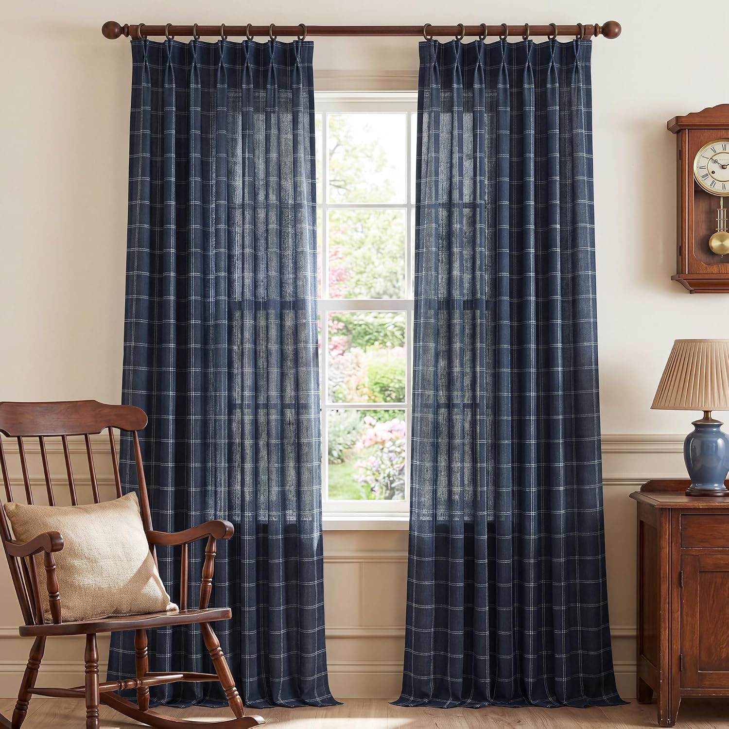 NICETOWN Navy Blue Pinch Pleated Plaid Curtains for Bedroom 2 Panels, W40 x L84 in, Linen Blend Light Filtering Drapes Nautical/Coastal Style Window Treatments for Dining Room, Living Room with Hooks