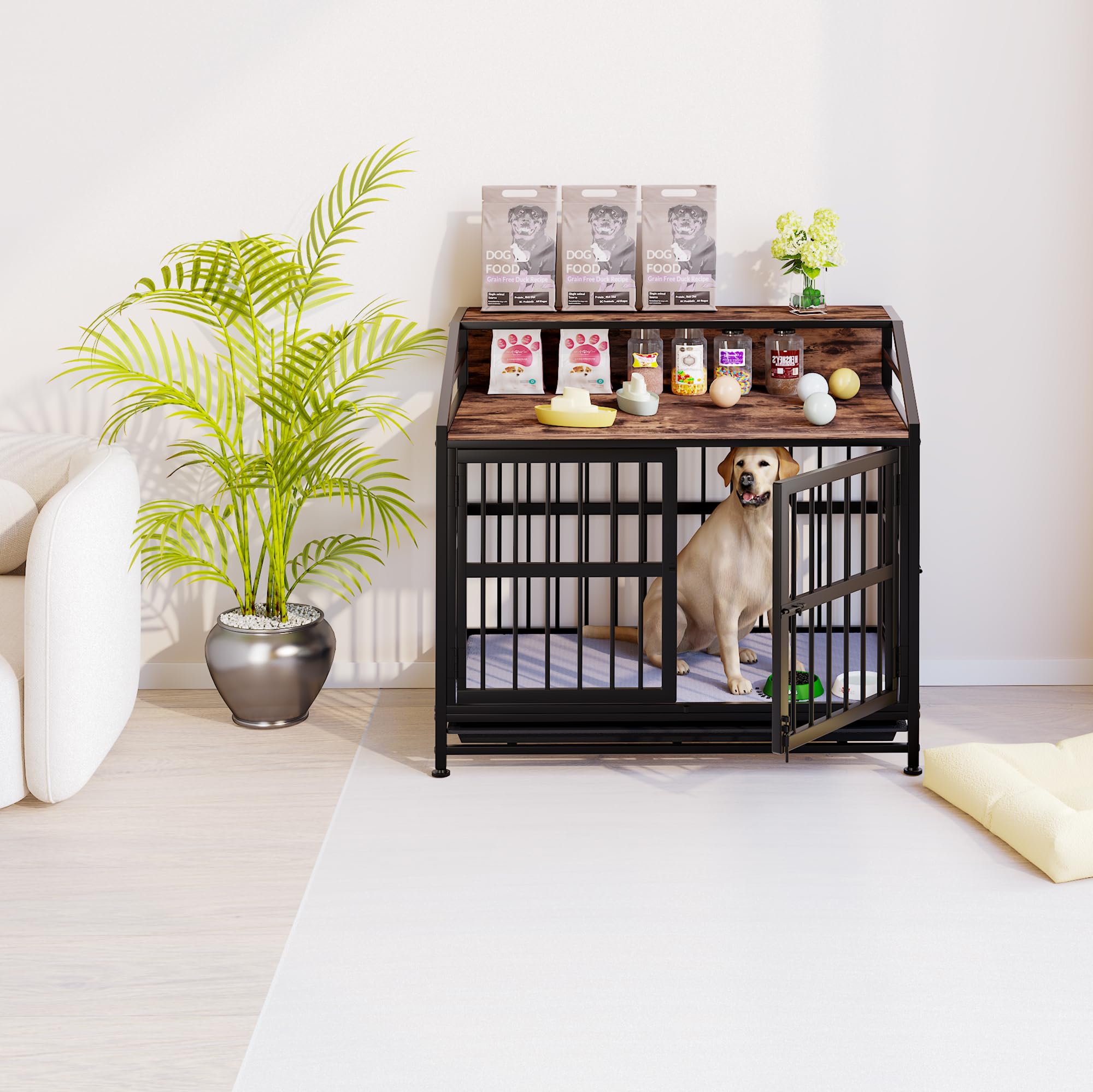 Hundekäfig Möbel, 100cm Hundebox für Zuhause, 2 Türen, Moderne Hundebox Indoor für Hunde, Beistelltisch, Hundekäfig Hochbelastbar 100 x 63 x 90 cm mit Waschbarer Decke & Abnehmbarem Tablett