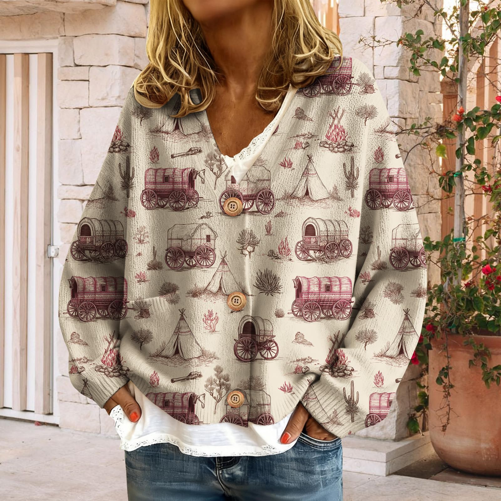 Womens Cardigan Sweaters Plus Size Lightweight Aztec Print V Neck Sweater Button Cropped Fall Cardigans Trendy