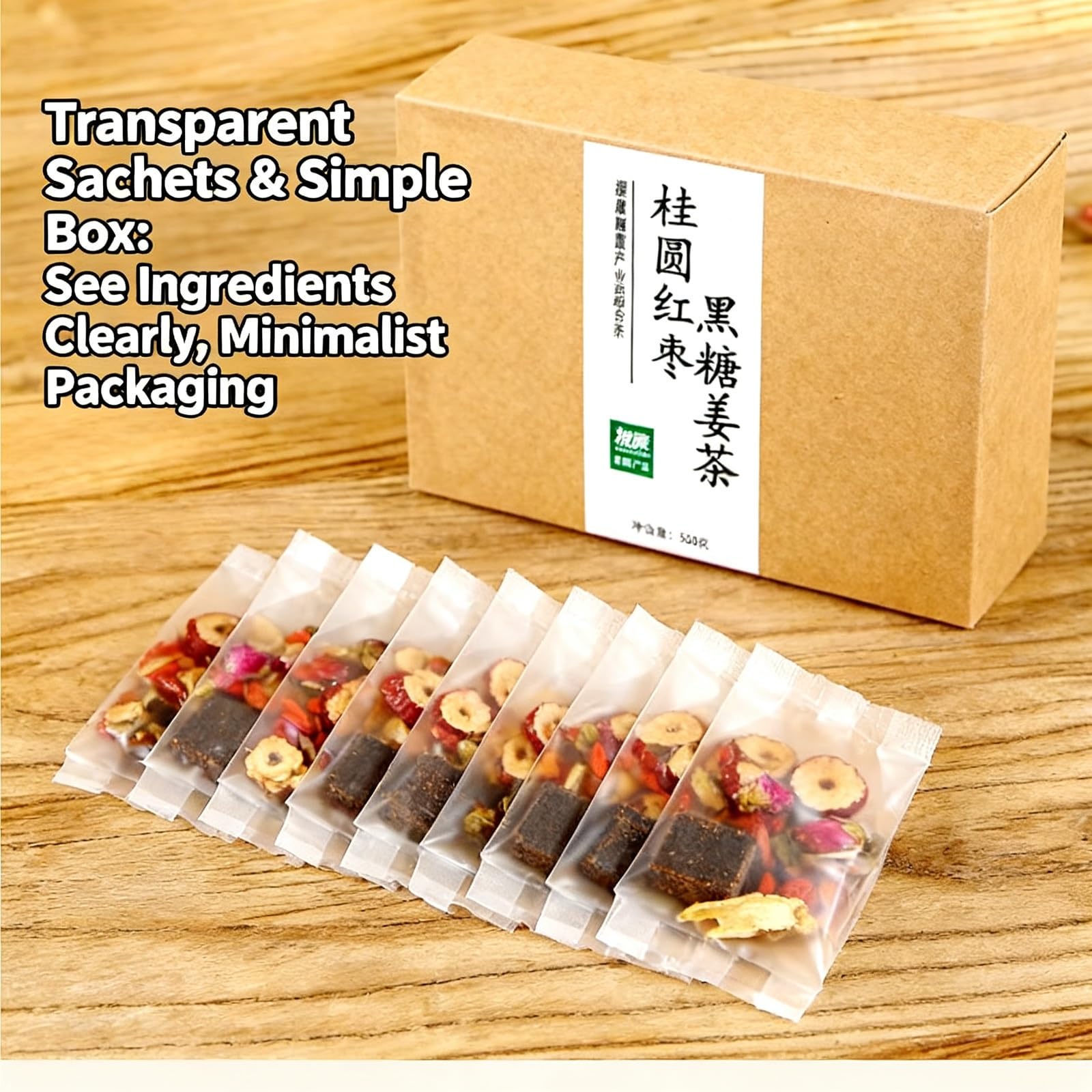 Tè Allo Zenzero E Dattero Rosso Longan Con Zucchero Di Canna - 6 Ingredienti Integrali (bacche Goji, Rosa, Essiccato), Buste Trasparenti, Infusione Rapida In 3 Minuti, 520 G