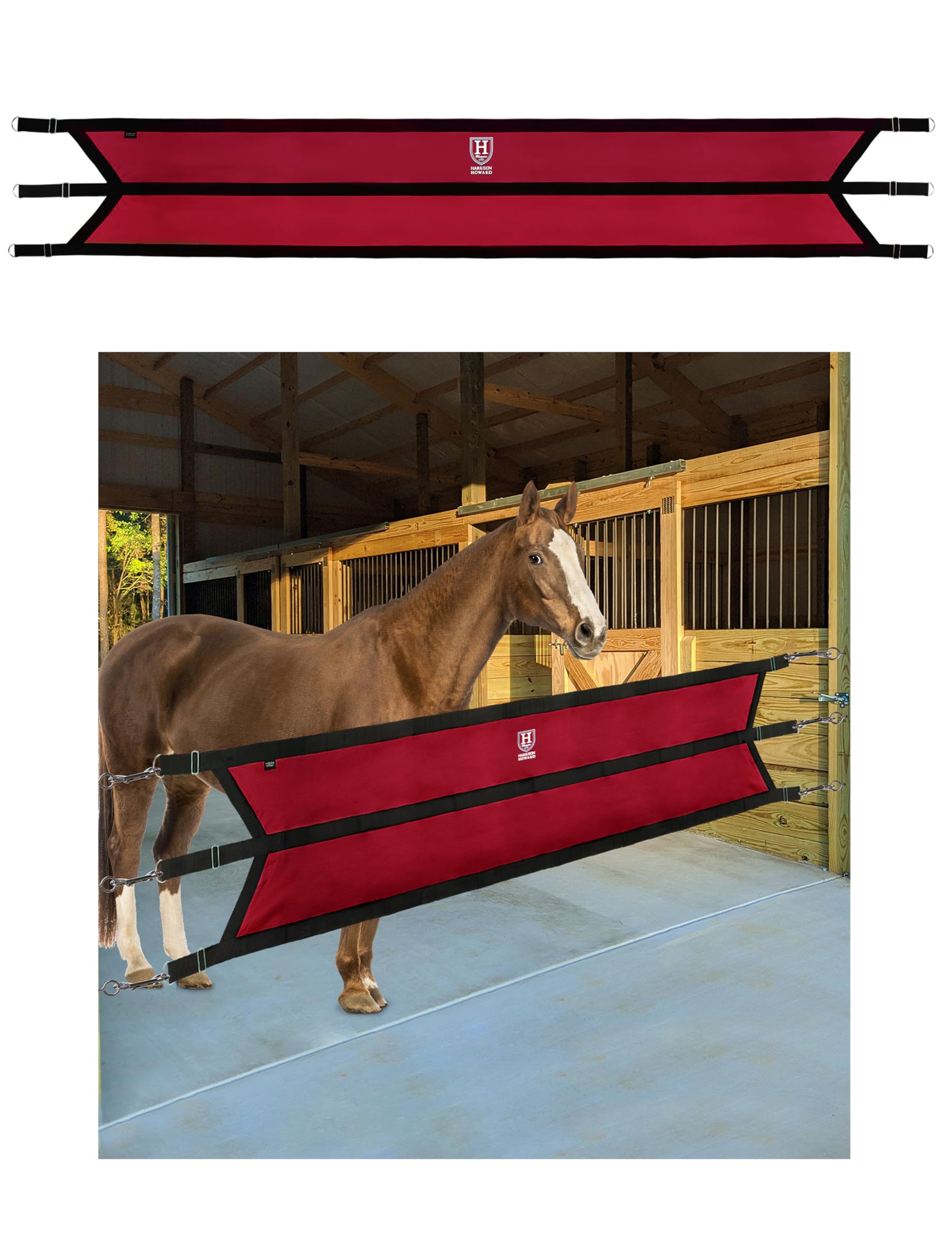 Harrison Howard Protector de calado para uso en pasillos en el hogar con ganchos de resorte resistentes y anillos en D, correas ajustables, protector de pasillo para caballos, color rojo
