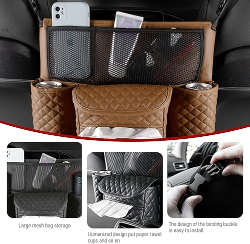 Miniatura 4 de Dewkou 1 bolsa de almacenamiento para reposabrazos de control central, bolsillo de red entre asientos, bolsa colgante de cuero multifunción para