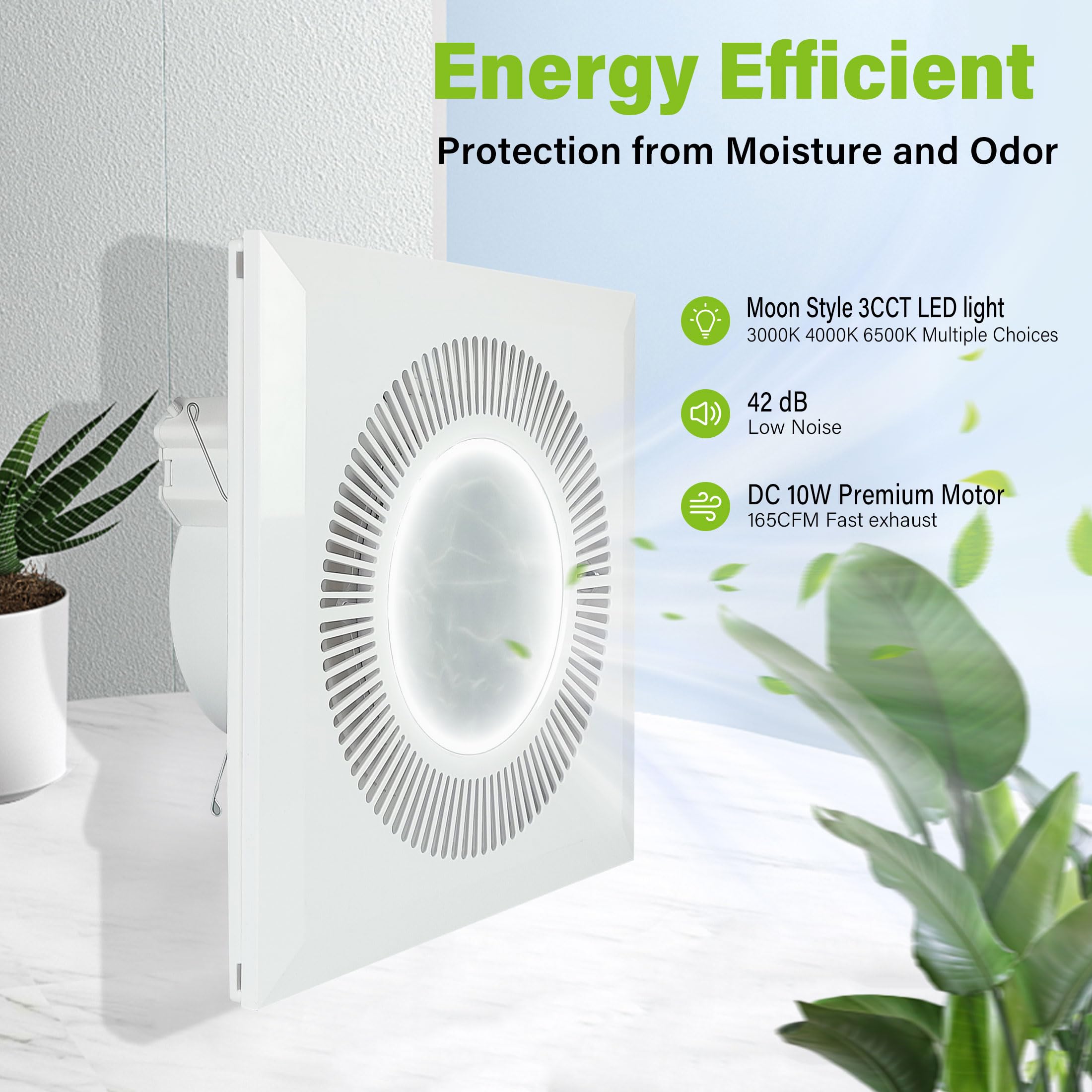 Ventola di scarico da bagno con luce, ventilatore da bagno da 30 cm con combinazione di luce LED da 15 W 3CCT, ventola di scarico da cucina da 165 CFM, ventola di ventilazione per bagno