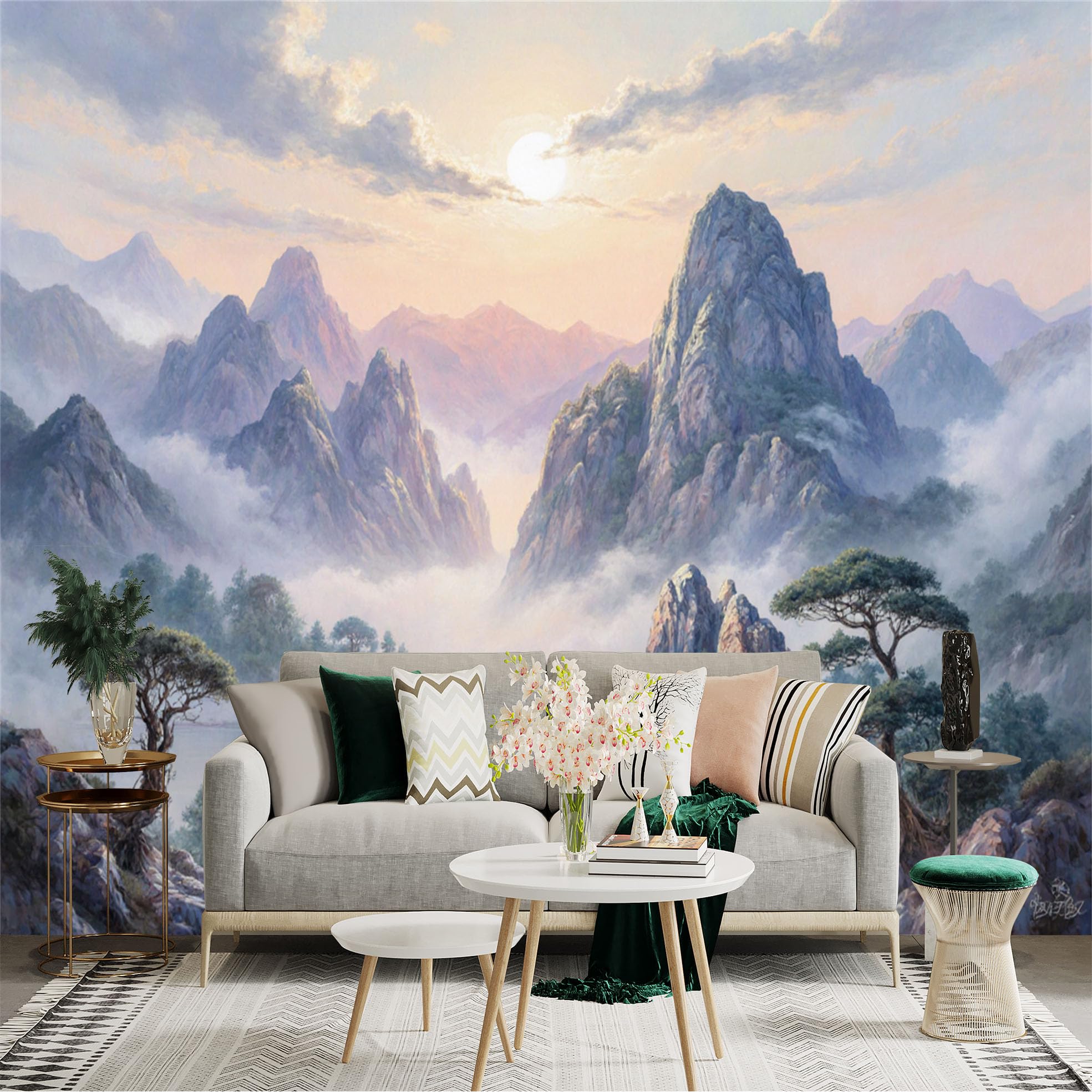Lnzczhyre Xc260505726 Custom Size Wall Sticker Mural， Serene Mountain Lake At Sunrise， Misty Peaks， Golden Sunlight， Peaceful Landscape Scenery， For Wall Decoration， Peelandstick Wall Decals.