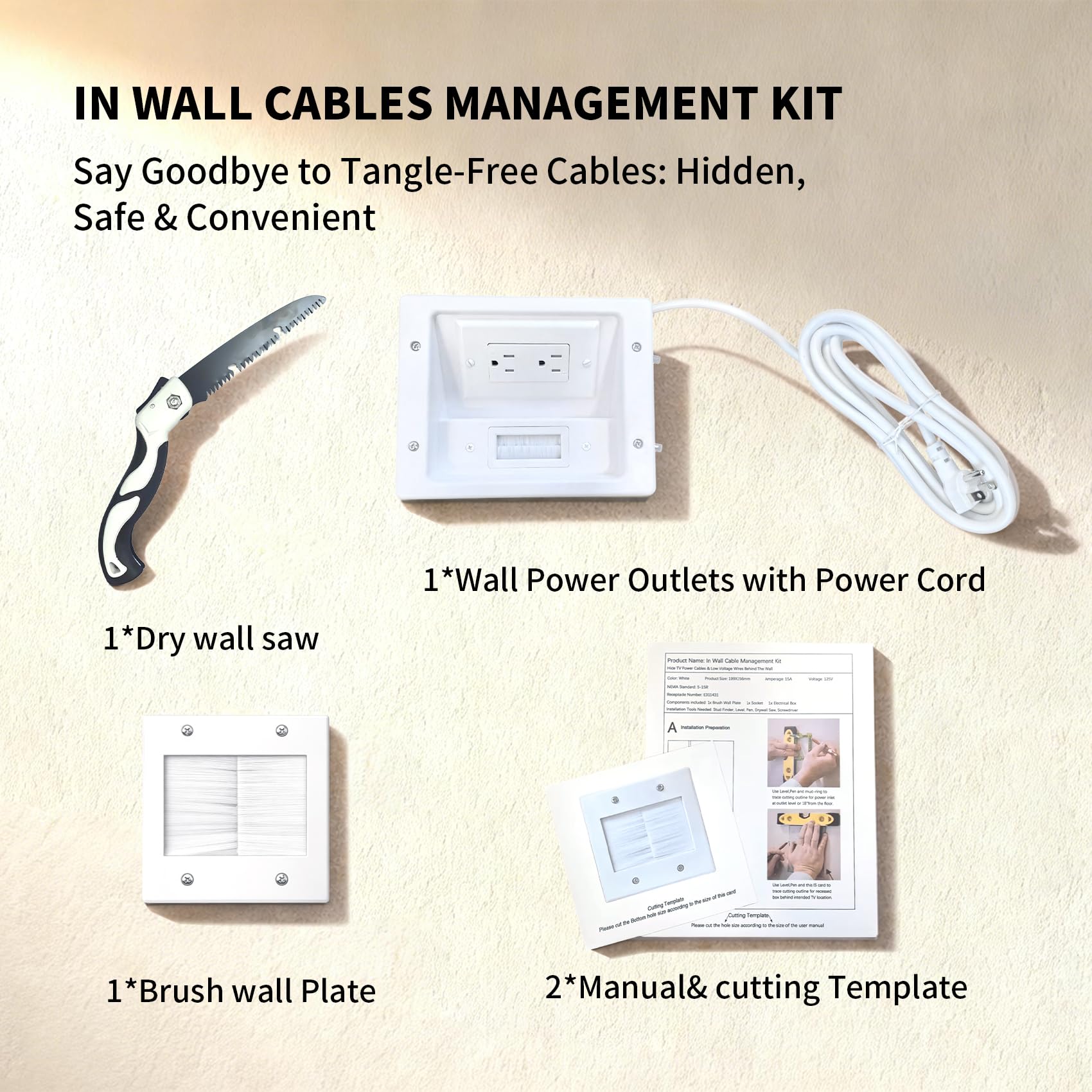 Kit de cache-câbles mural pour TV avec prise de courant encastrée, cordon de 2,7 m avec outil de coupe, pour gestion des câbles home cinéma, solution de câble murale dissimulée