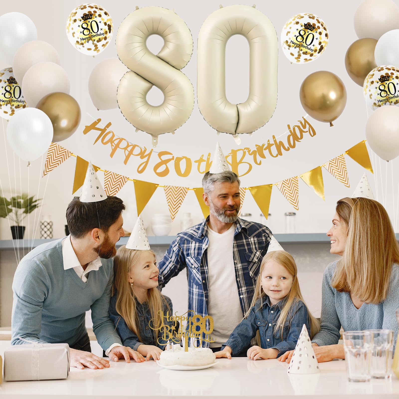 80. Geburtstag Deko Set - Luftballons, Banner, Girlande für Frauen und Männer - Beige Gold Partydekoration mit Tortendeko für 80 Jahre Jubiläum