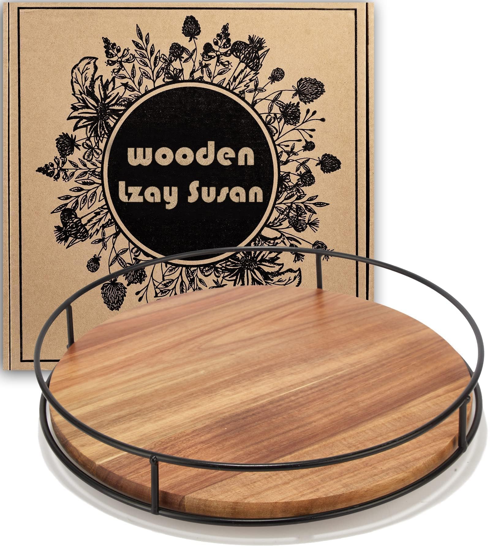 12" Acacia Wood Lazy Susan Turntable, Kitchen Organizer Turntable with Steel Sides, 360 Degree Turntable for Countertop Cabinet or Dining Table(Black)