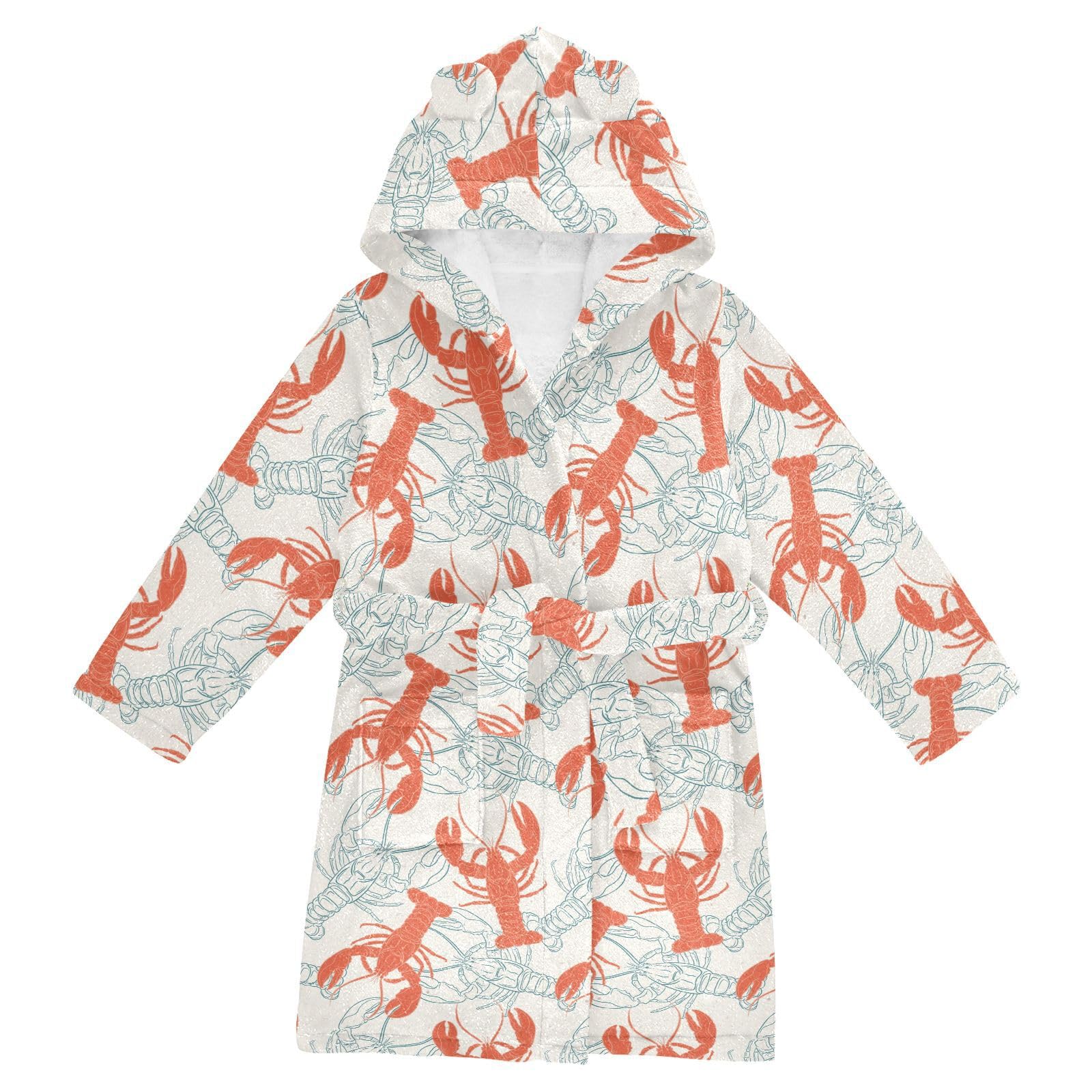 WIFIU Toddler Baby Hooded Bathrobe for Boys Girls Abstract Red Blue Lobster Printed, Soft Plush Bath Towel Robe with 2 Pockets for 4-6 Years