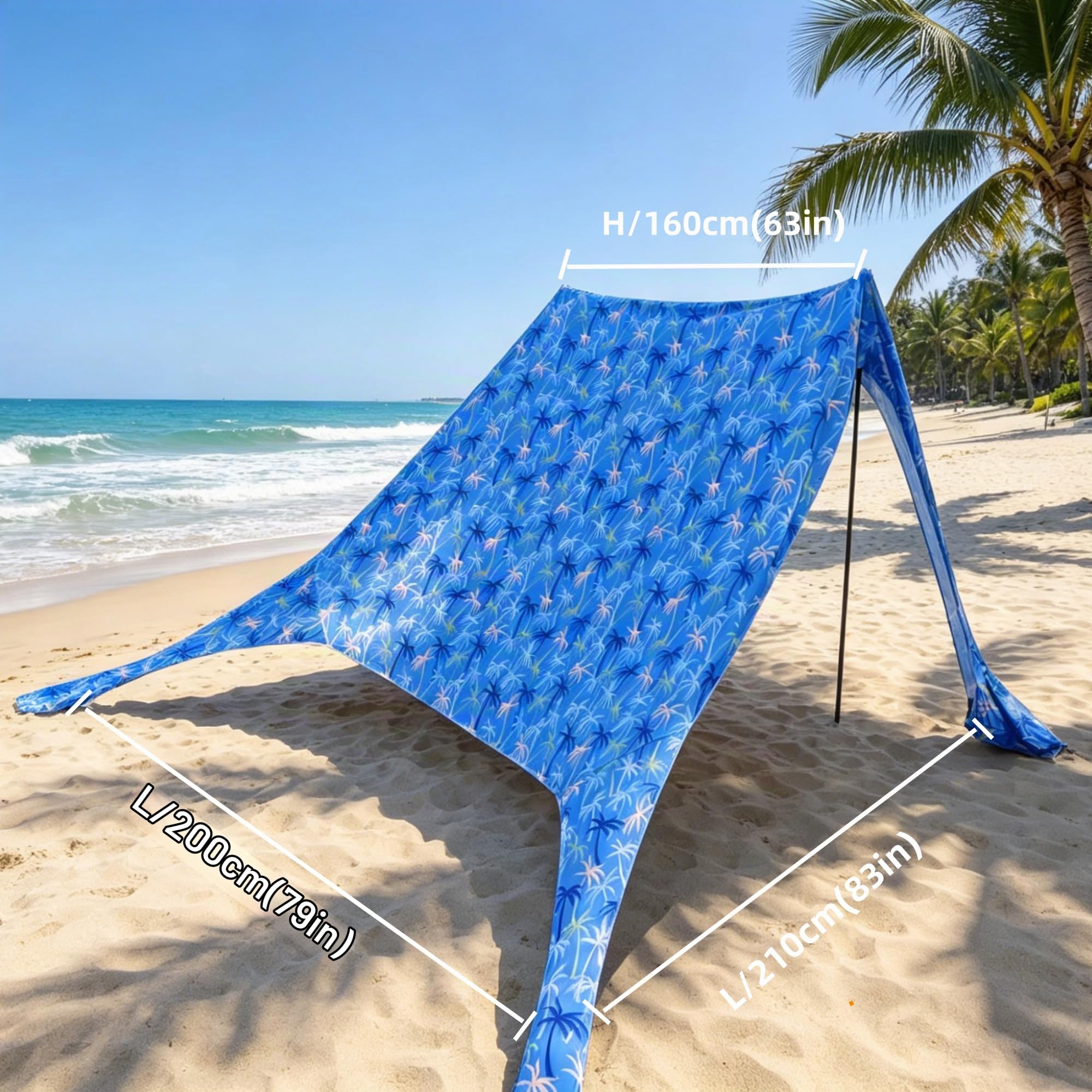 Tente de Plage Parasol, Motif Palmier Bleu, 210x200x160 cm, abri Solaire pour 3–4 Personnes