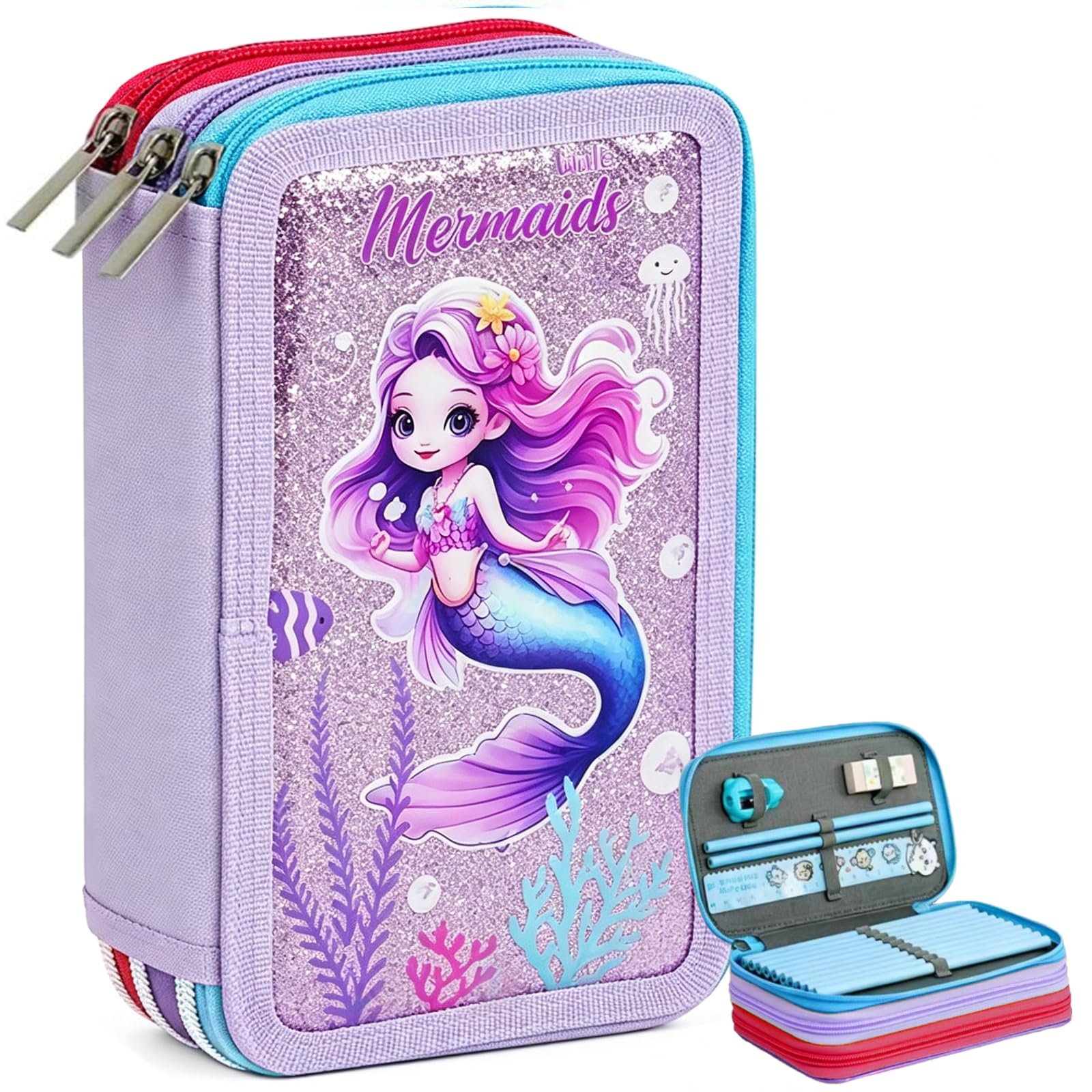 Veroa Pencil Case with 3 Compartments - Square, The mermaid b, L, cute