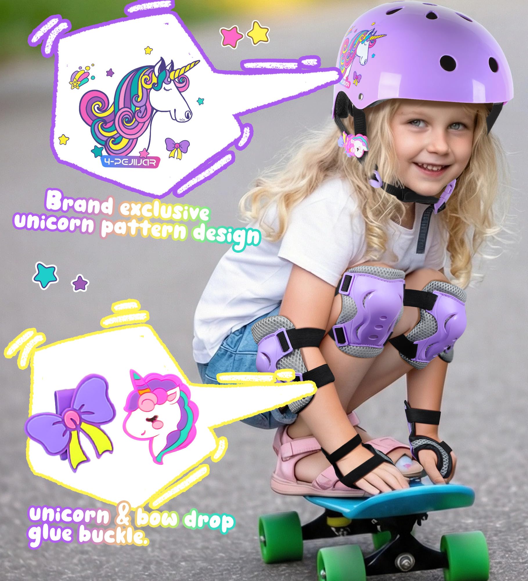 Unicornio Protección para Patines Infantiles Rodilleras para niñas Protecciones Skate Niño con Bolsa de Cordón para Patinaje Skateboard Monopatín Bicicletas — view 5