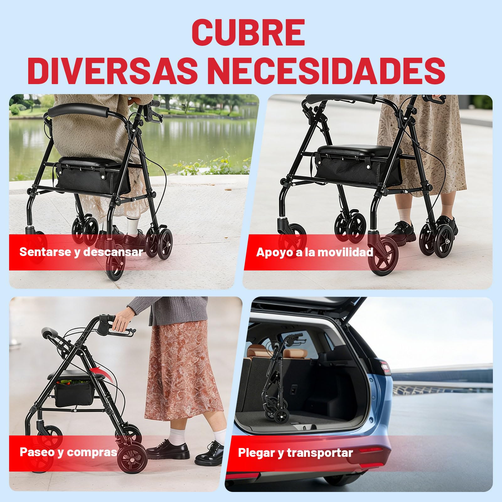 R5 andador ultraligero plegable(con asiento) para ancianos, estructura resistente de acero al carbono, ajuste de altura, sistema de freno/estacionamiento, apto para interiores y exteriores terrenos