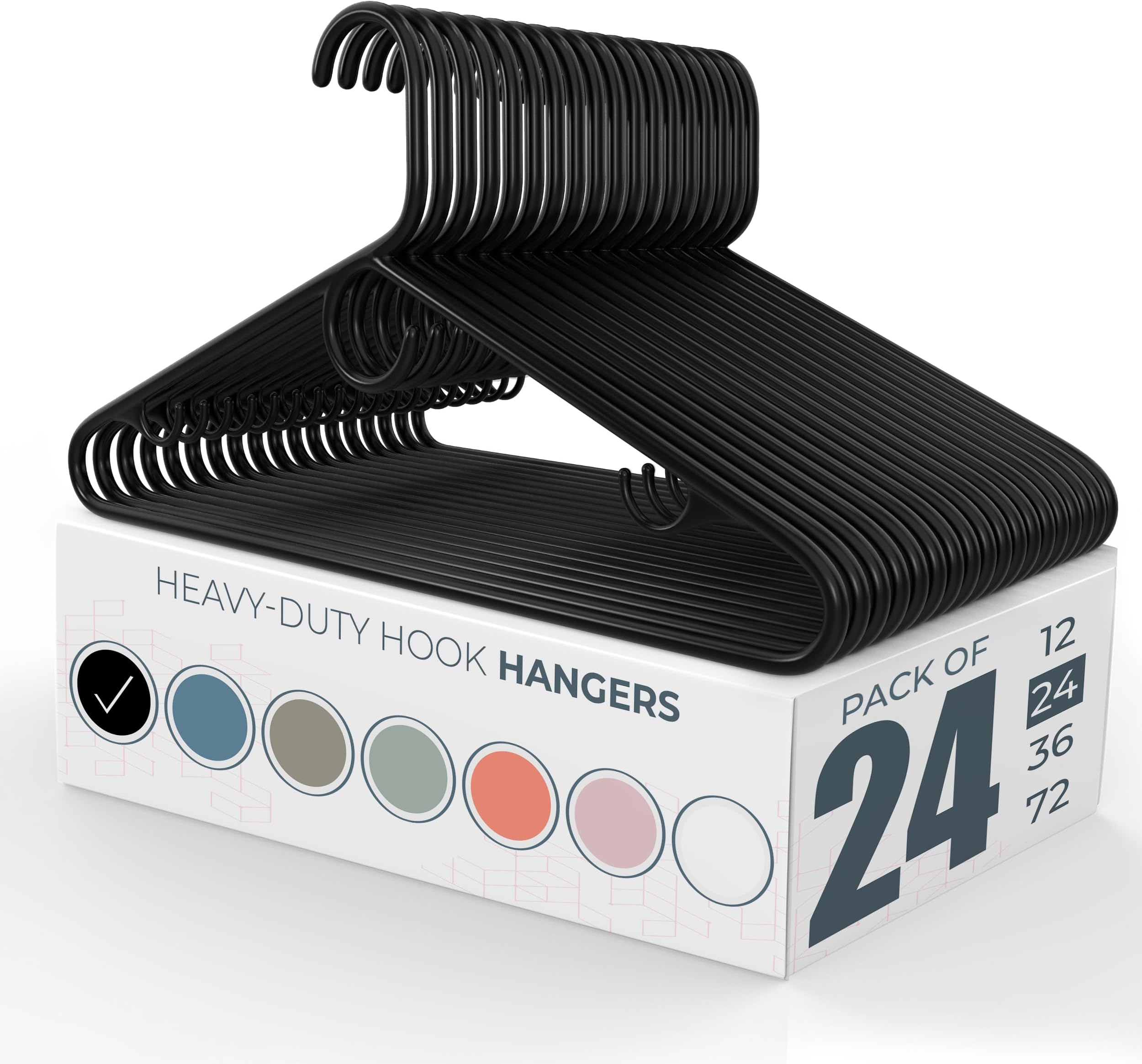 24pk Heavy Duty Plastic Clothes Hangers Bulk Large Strap Hooks | 20 30 50 100 Pack Available | Strong Plastic Hangers | Jacket Coat Hangers | Plastic Hanger for Closet and Clothing Hangars (Black)