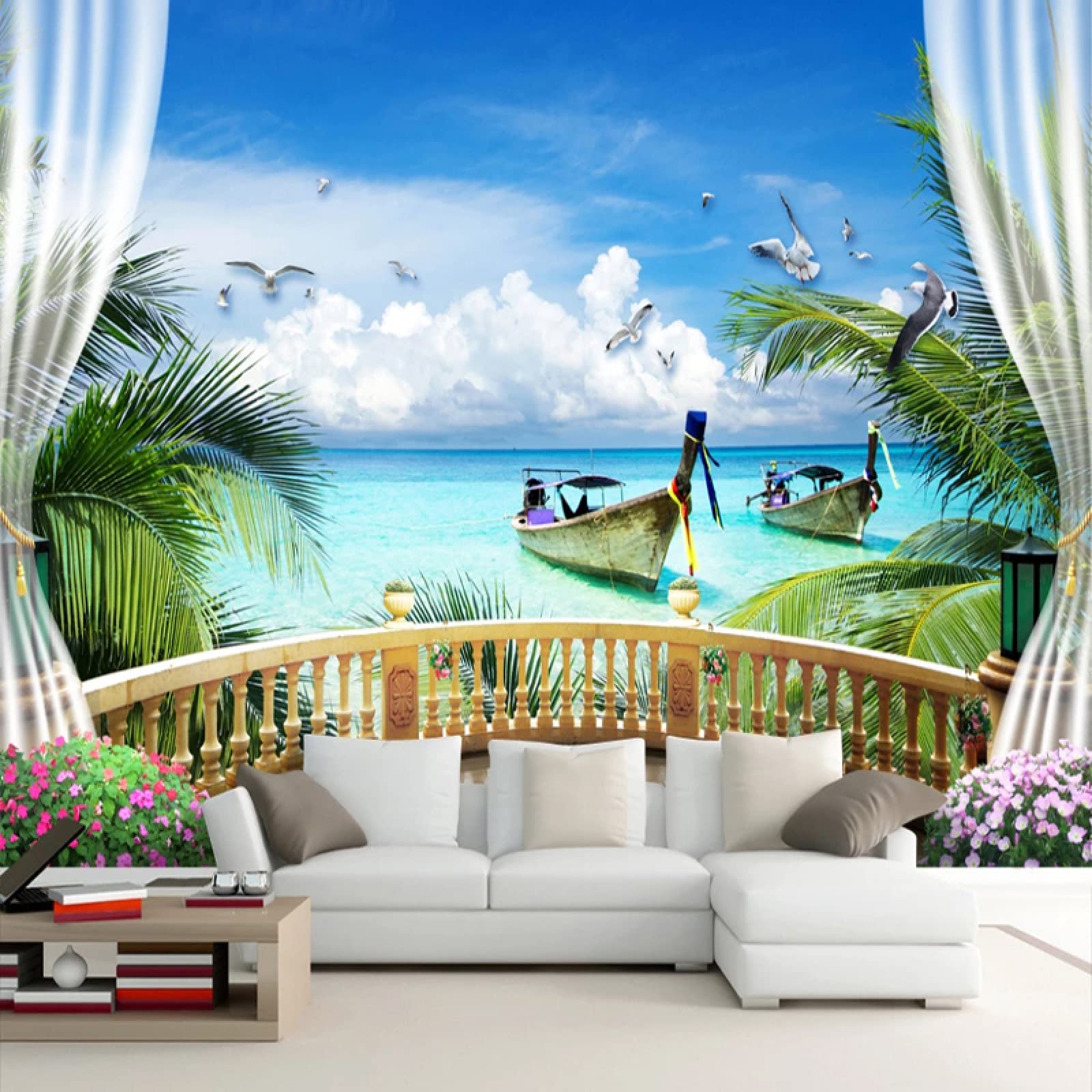 Estanteria，Estanteria Libros，Mural de Pared con diseño de gaviotas, Barco, Playa, Papel Pintado, póster Grande para salón, Dormitorio, habitación Infantil, Papel autoadhe