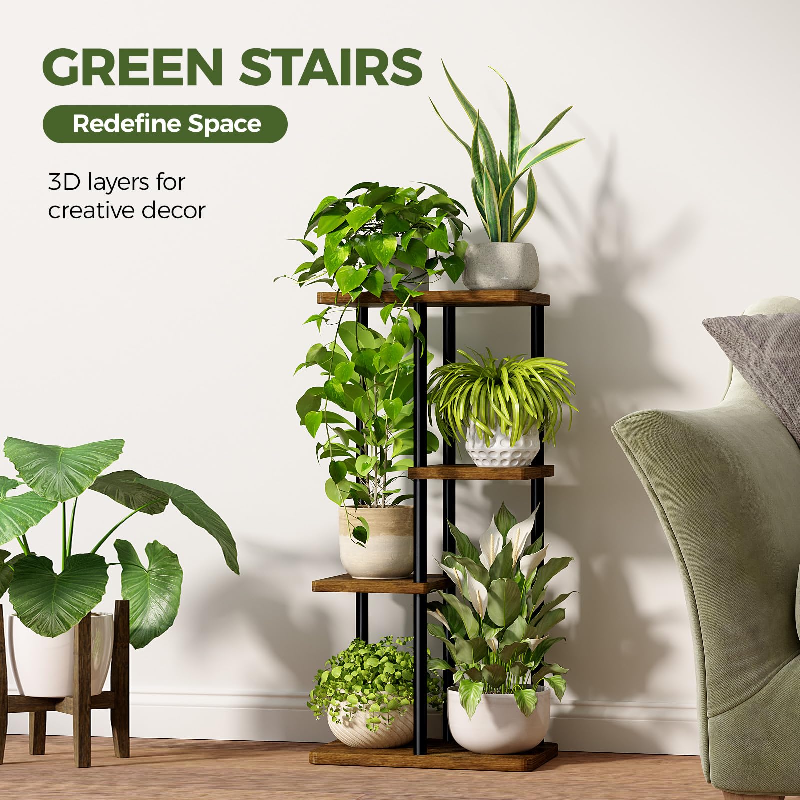 Bamworld Soporte para Plantas de Interior de 4 Niveles, Soportes Negros para Plantas Múltiples Plantas Pequeñas, Soporte de Esquina para Macetas para Patio