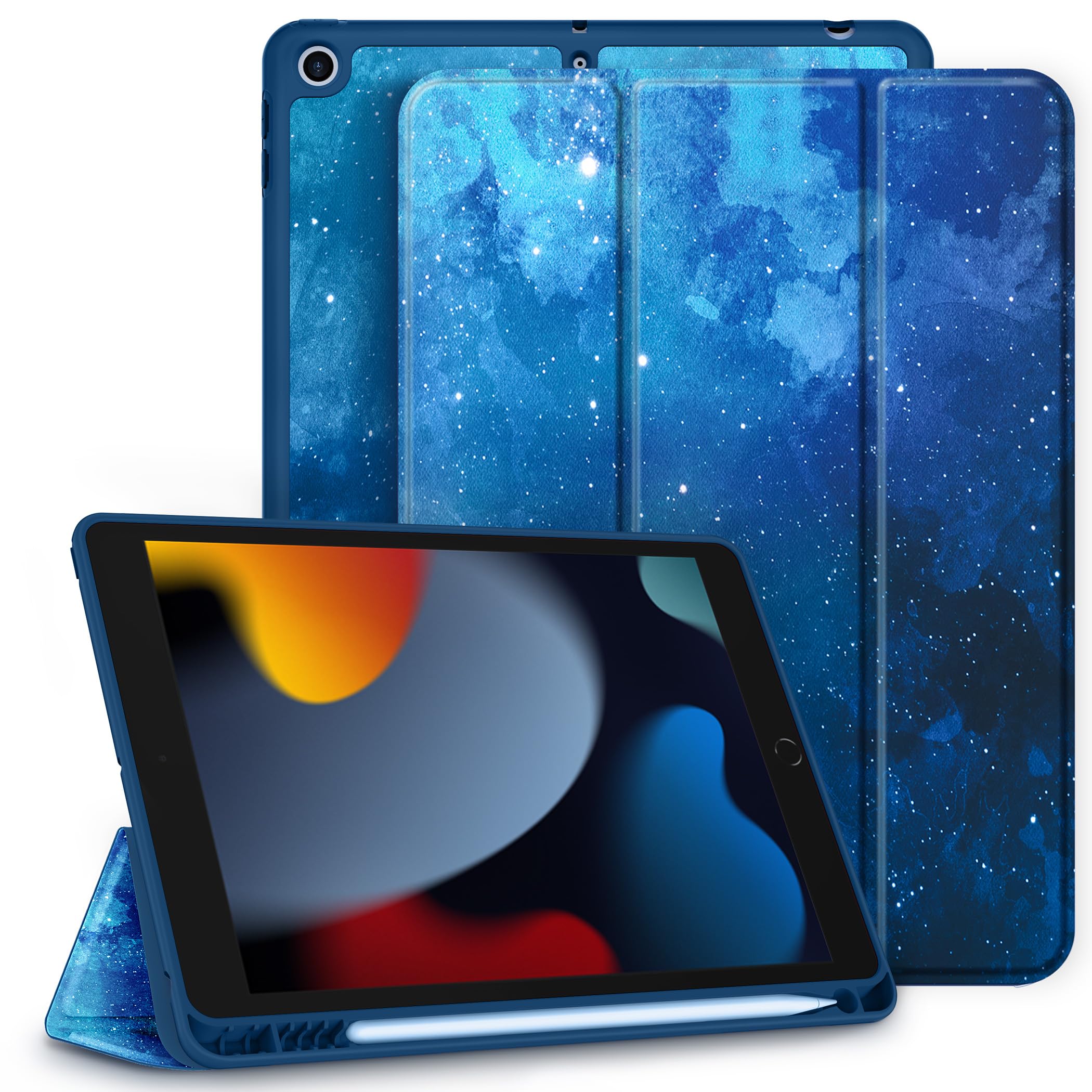 CACOE Cover Custodia Compatibile con iPad 8a Generazione 2020/iPad 7a Gen 2019, Leggero Cover Protettivo Supporto Pieghevole con Pencil Holder per iPad 10.2, Stella Blu