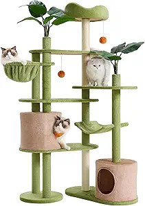 Feandrea Cat Tree, 68.1-Inch Tall Cat Tower, Multi-Level Plush Cat Condo with Artificial Leaves, 3 Scratching Posts, 2 Pompoms with Bells, for Indoor Cats, Grass Green and Camel Brown UPCT330C01