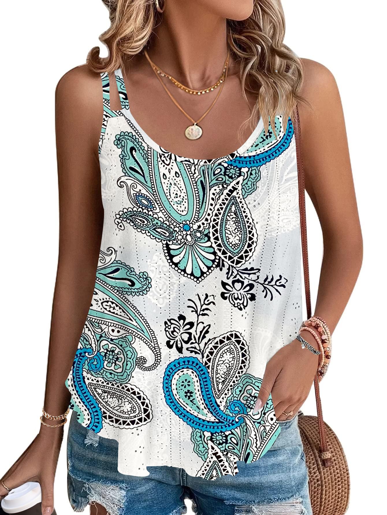 WNEEDU Damen Tank Tops Sommer Spaghetti Cami Oberteile Ärmellose Rundhalsausschnitt Blusen Top Shirts