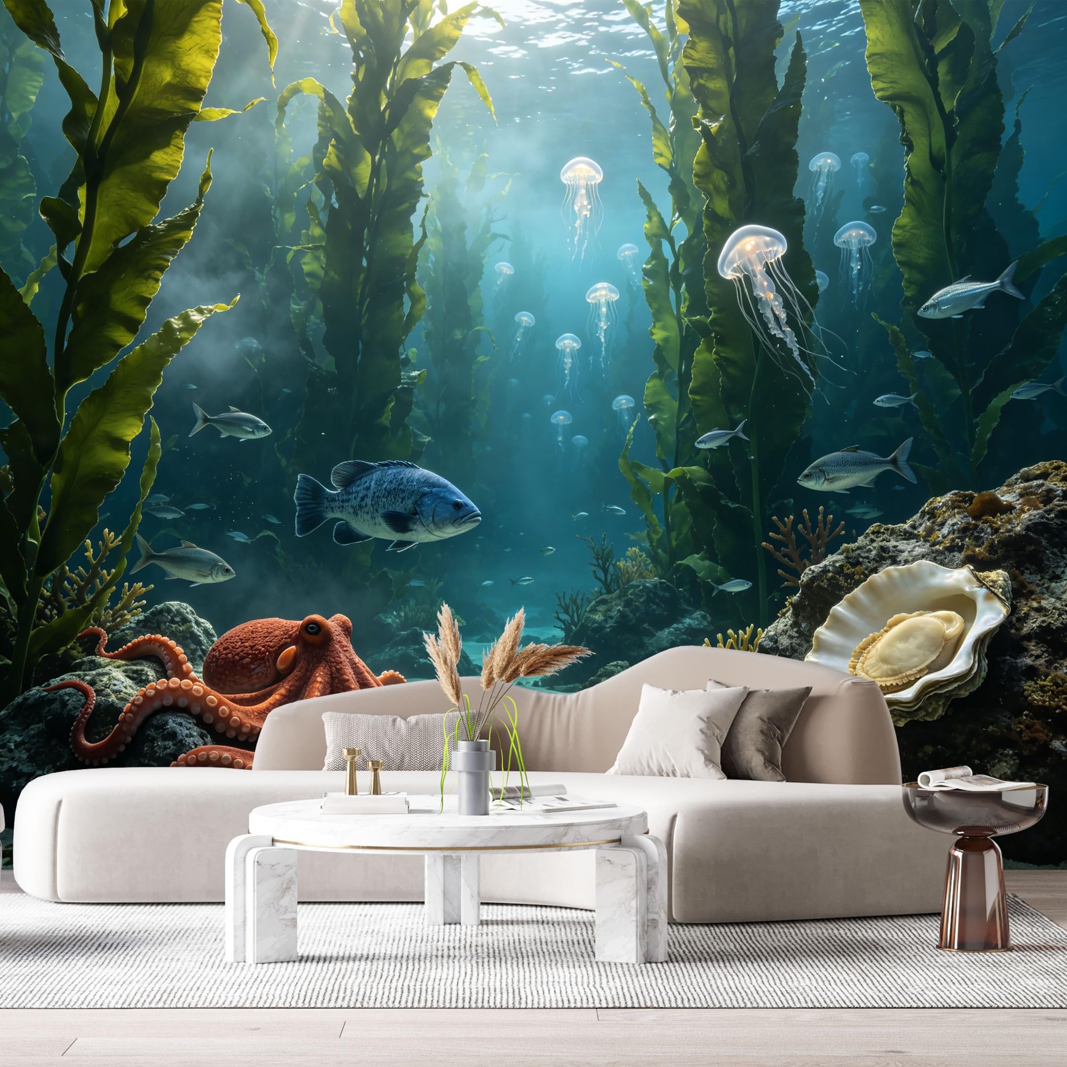 Custom Size Wall Murals Ocean Marine Watercolor Jellyfish Octopus Underwater World SelfAdhesiveWall Fabric Removable Wallpaper Wall Decor for Living Room Bedroom Bathroom