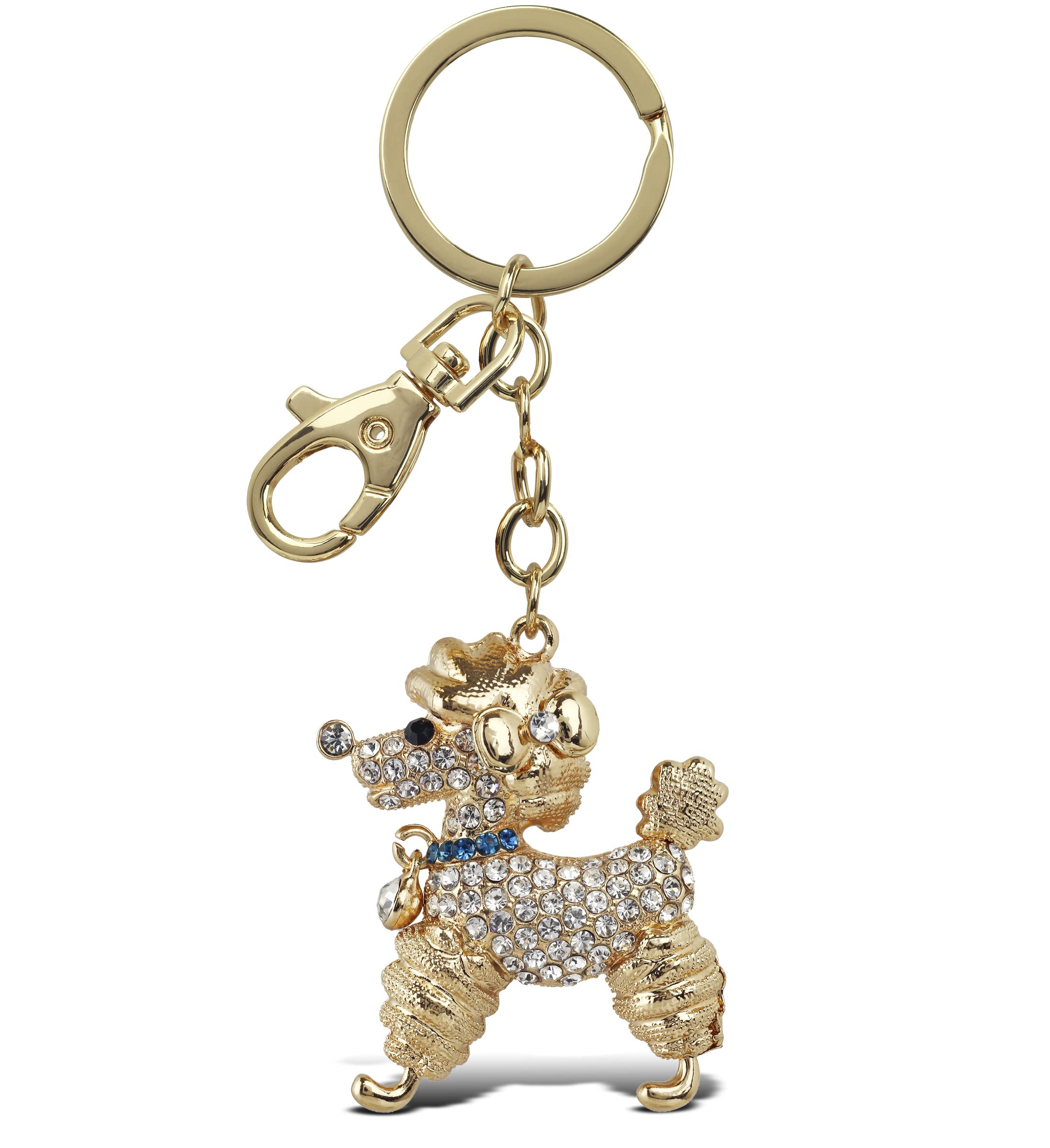 Aqua79Stylish Poodle Dog Keychain - Gold 3D Sparkling Charm Rhinestones Fashionable Stylish Metal Alloy Durable Key Ring Bling Crystal Jewelry Accessory with Clasp for Key Chain, Purse, and Backpack