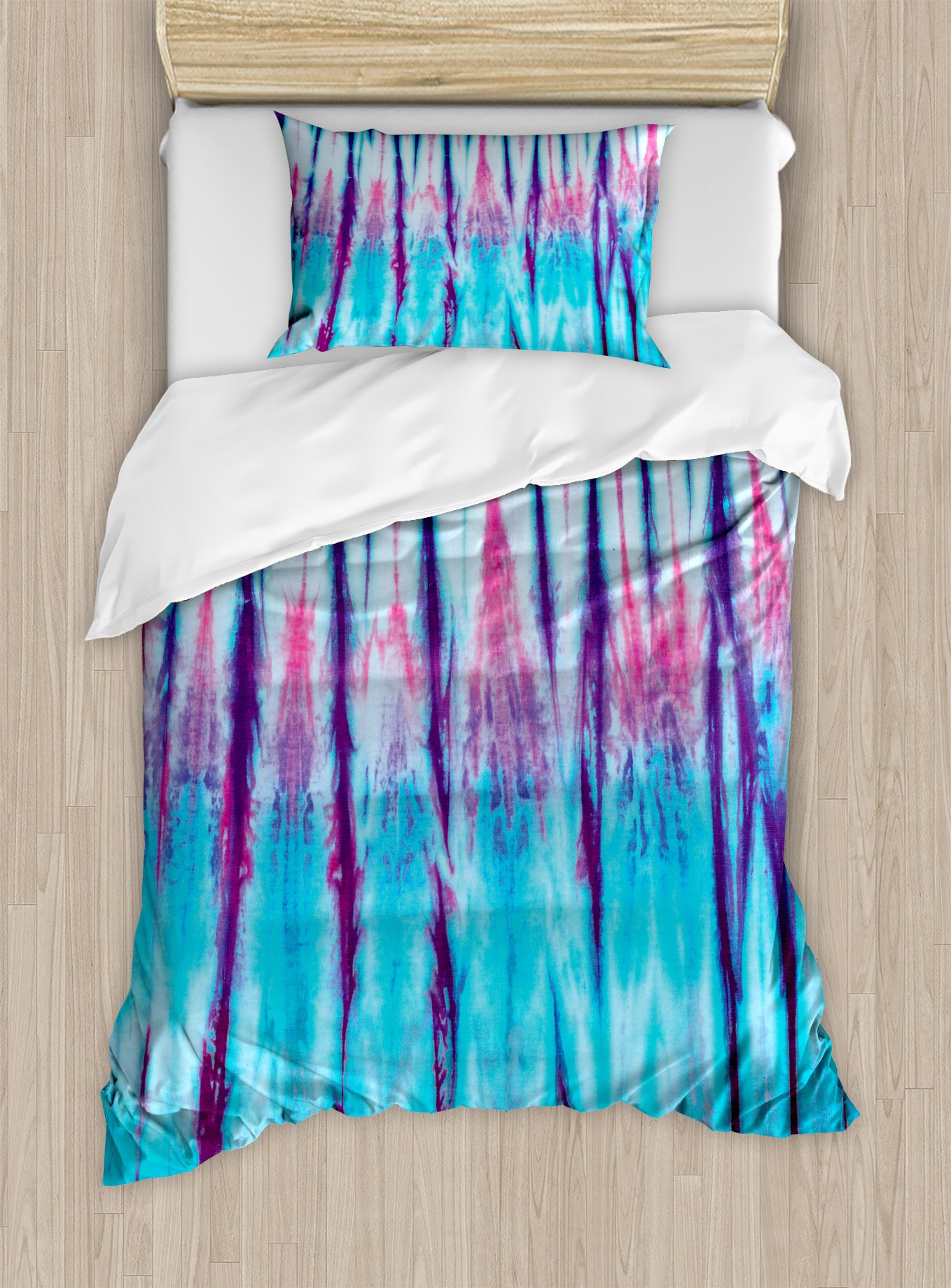 Ambesonne Ethnic Duvet Cover Set, Close up of Vertical Gradient Tie Dye Effect Hippie Alter Life Retro Artwork Print, Decorative 2 Piece Bedding Set with 1 Pillow Sham, Twin Size, Blue Pink