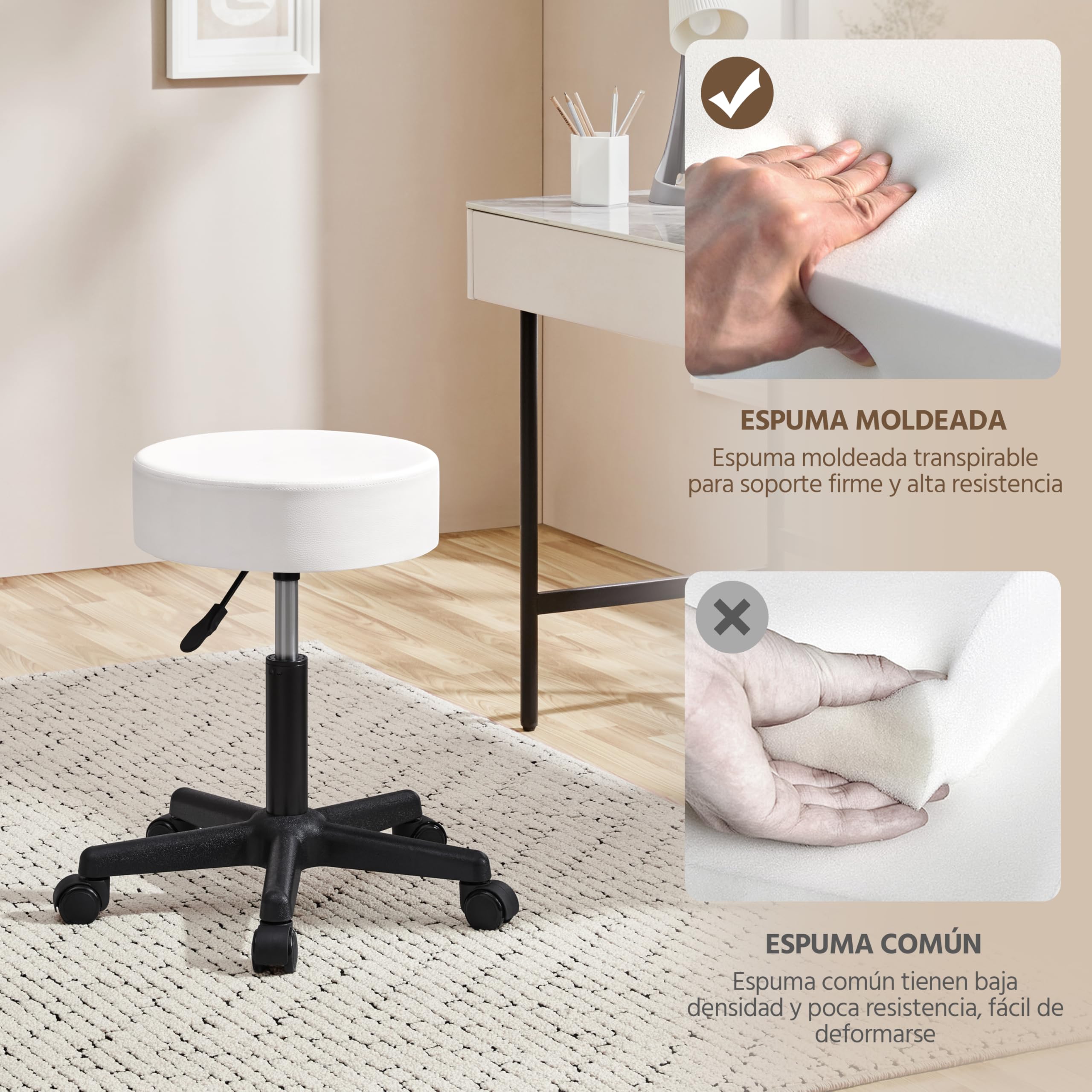 Yaheetech Taburete Giratorio sobre Ruedas, Taburete Rodante Regulable, 46-61.5 cm,Asiento Tapizado de Polipiel Sintético,para Hogar Oficina,Estudio,Tatuajes Salón,Masajes Centro,Belleza,Blanco