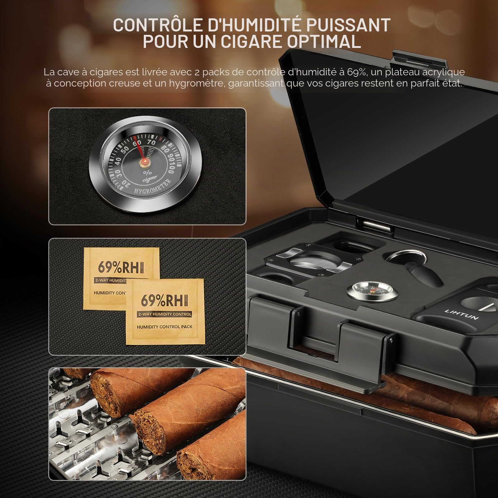 LIHTUN Ensemble d'accessoires pour cigares et cave à cigares de voyage avec 2 coupe-cigares, 1 perforateur à cigares, hygromètre, triple cave à cigares, excellent cadeau pour homme