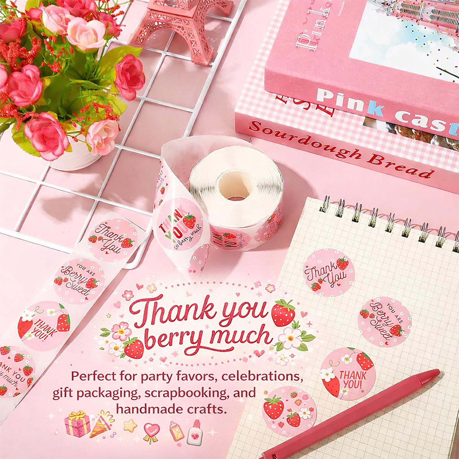 1 Roll 500 Pcs Red Strawberry Pink Thank You Stickers - Image 4