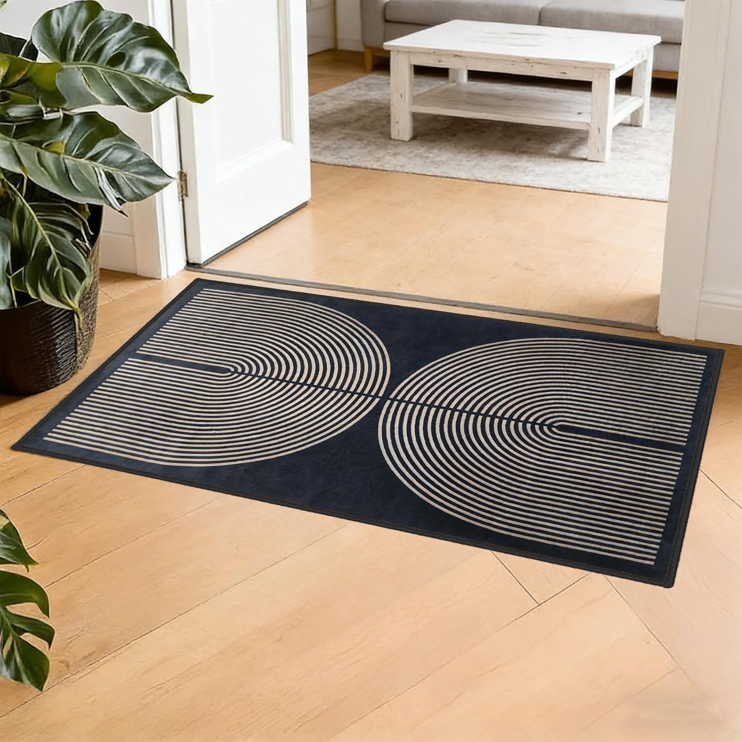 Modern Rainbow Area Rug 2x3 Black Soft Plush Low Pile Non-Slip Washable Doormat, Farmhouse Kitchen Bathroom Mat for Entrance Bedroom Laundry Room