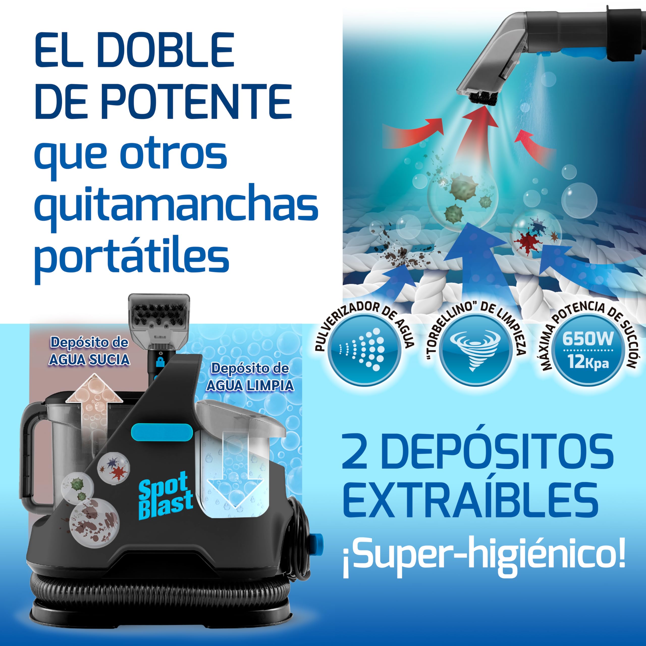 SPOT BLAST Aspirador Limpiador de Tapicerías 3 en 1 650W – Limpia Manchas en Sofás, Alfombras, Colchones, Asientos del Coche – Depósitos de Agua Limpia/Sucia Extraíbles, Portátil y Potente