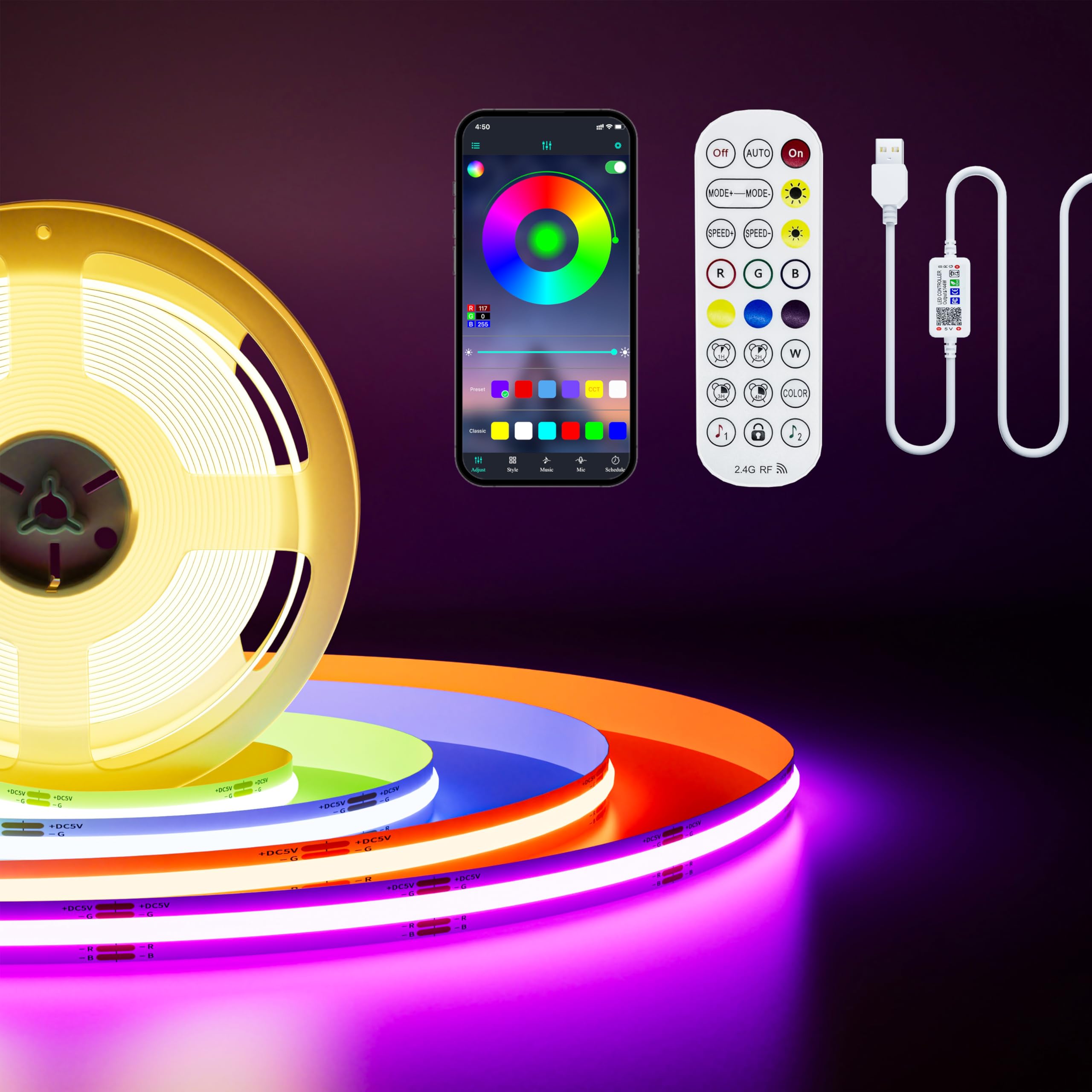 PAUTIX RGB COB LED Strip 2M USB 5V 1200LEDs Colour Changing LED Strip Lights Multicolour Flexible Cuttable LED Tape with RF Remote App Control for TV, Mirror,Sewing Machine,Under Cabinet,Shelves